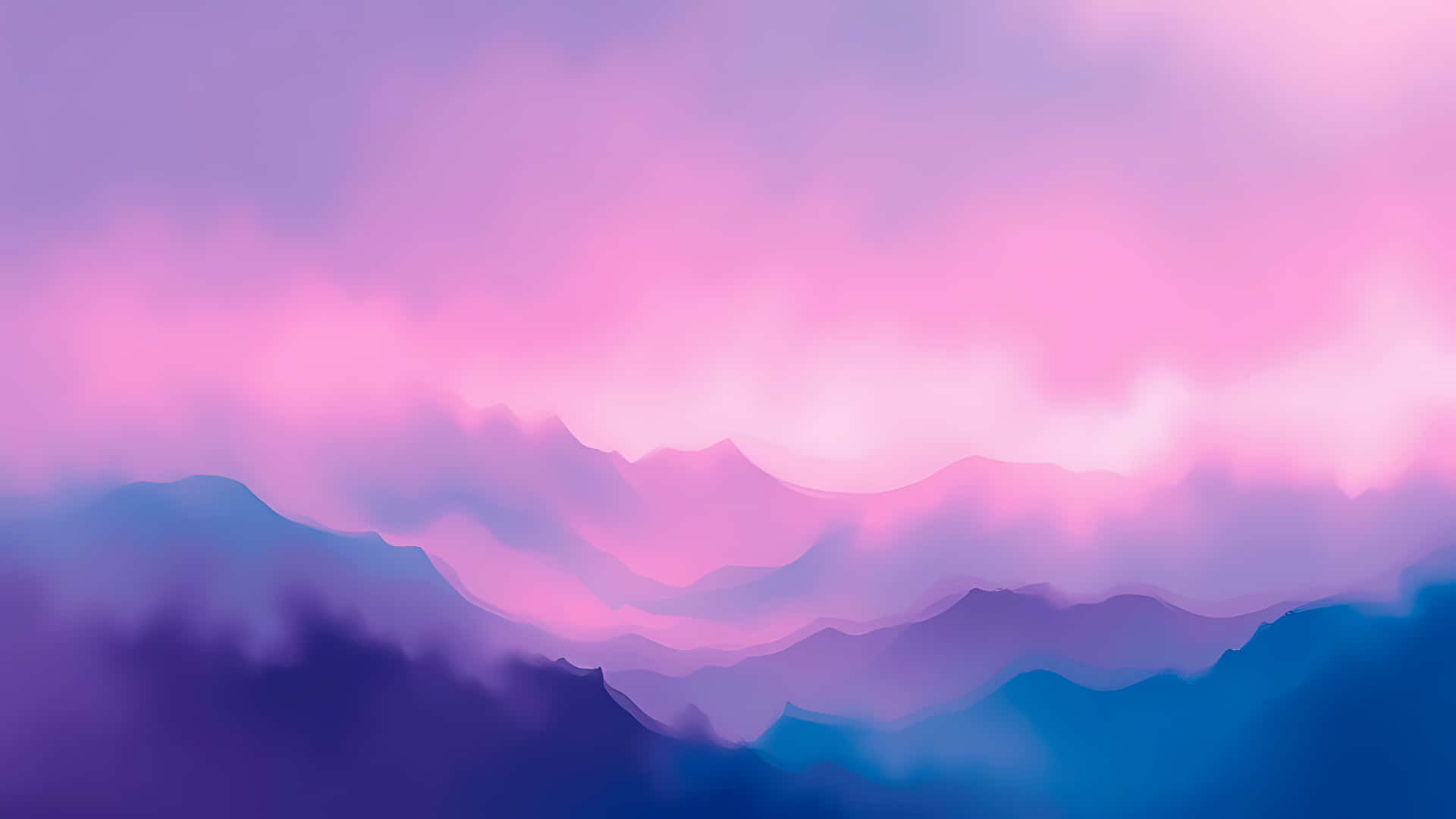 Abstract mountain landscape with pink and purple sky illustration 壁紙 — 柔和的分層山脈逐漸融入夢幻的粉紫色天空，帶有迷霧般的氛圍。