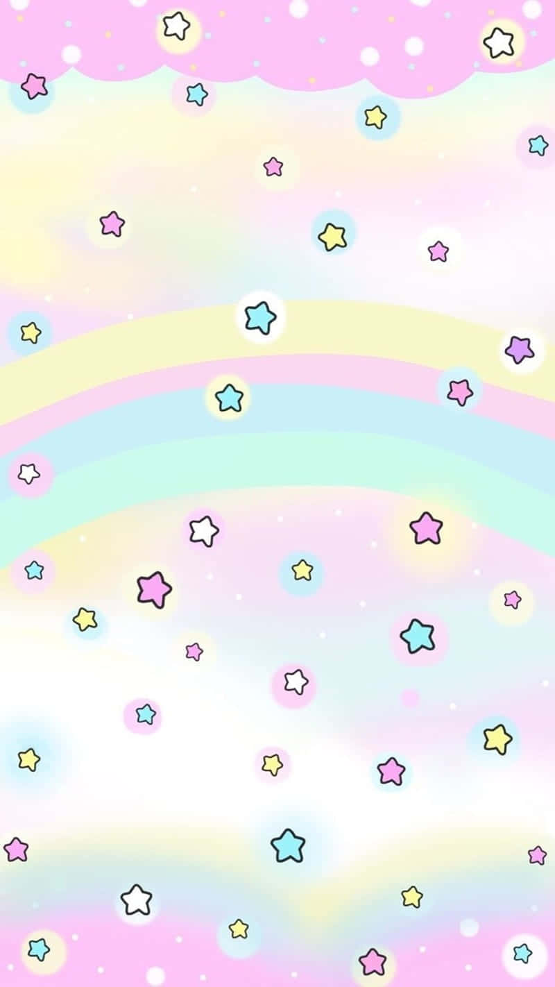 Cute Stars 桌布 壁紙 — 柔和的天空上，有粉彩彩虹弧線，點綴著色彩繽紛的星星和蓬鬆的粉紅雲。