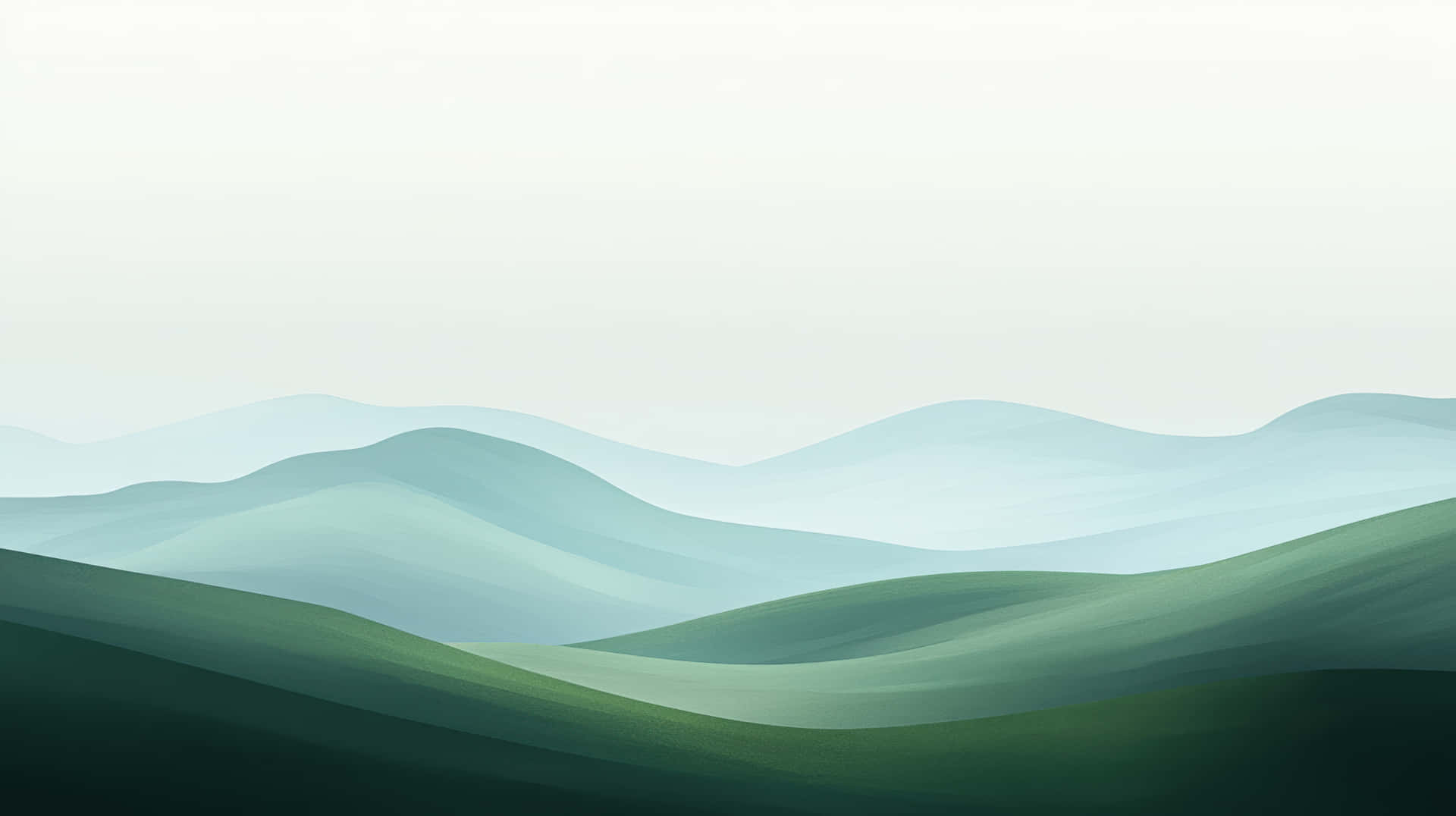 Abstract Minimalist Green Rolling Hills in Soft Pastel Colors with a Calm Atmosphere 壁紙 — 柔和的層疊山丘在朦朧的天空下從深綠色漸變為淡藍色。