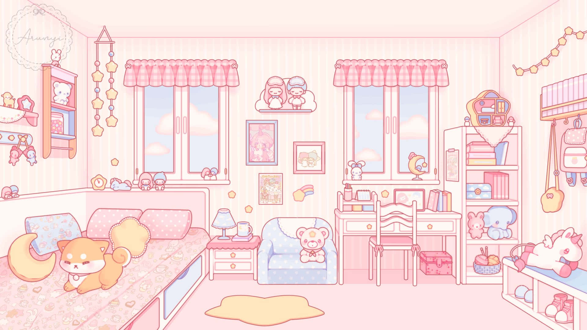 Cute Anime Bedroom 桌布 壁紙 — 柔和的日光下，一個充滿可愛動物家具和奇思妙想裝飾的粉彩粉紅色卡通臥室。
