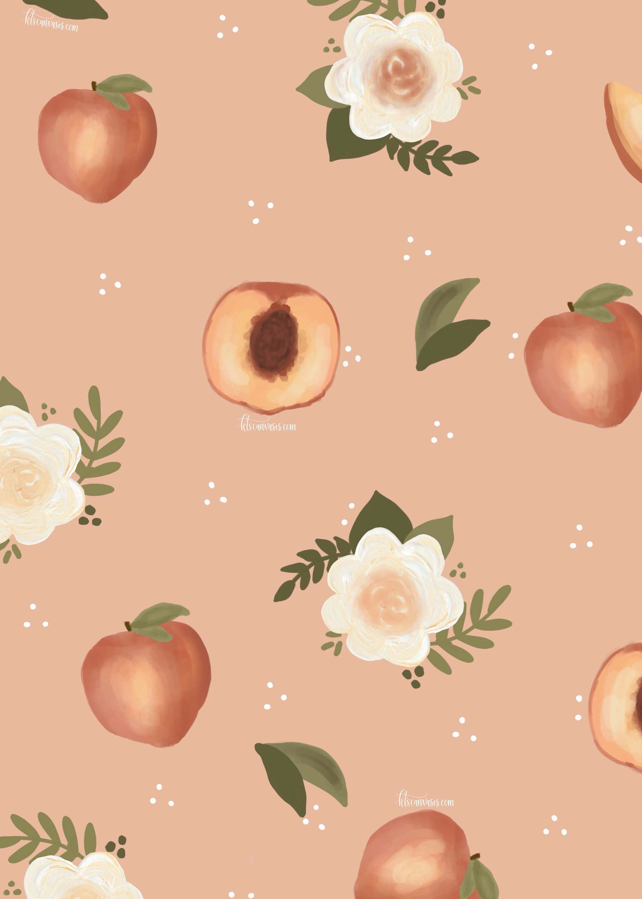 Cute Peach 桌布 壁紙 — 柔和的桃色與白色花朵圖案，搭配綠色葉子，在柔和的粉紅色背景上。