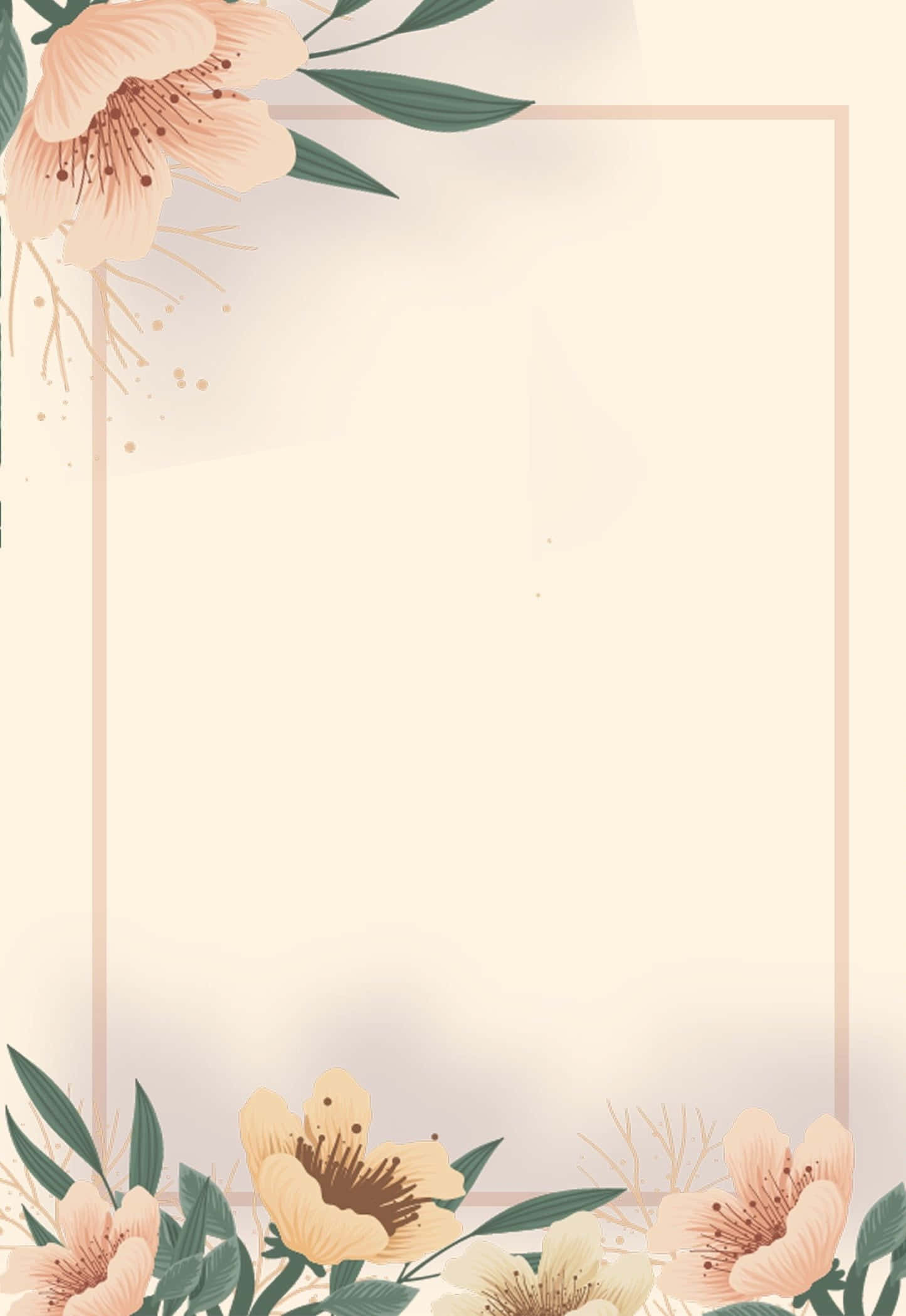 Invitation 桌布 壁紙 — 柔和的桃花和綠葉以精緻的插圖邊框圍繞著空白的奶油色背景。