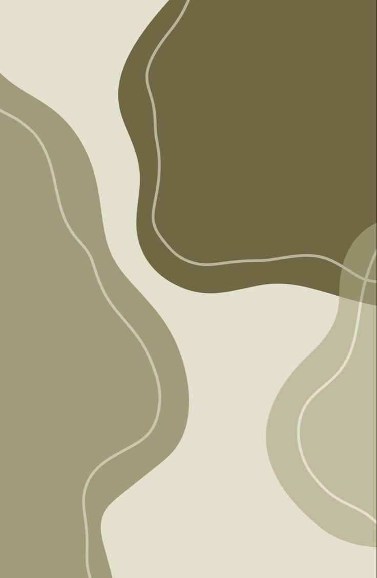 Olive Green 桌布 壁紙 — 柔和的橄欖色和米色色調中，抽象的流動有機形狀搭配纖細的白色輪廓，營造出平靜簡約的構圖。
