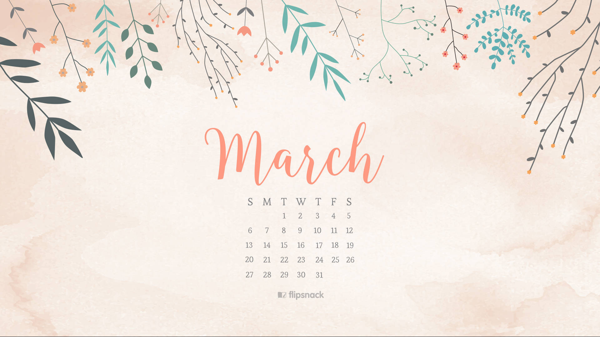 March 桌布 壁紙 — 柔和的水彩三月日曆，以精緻的插圖樹枝和葉子框住，採用柔和色調。
