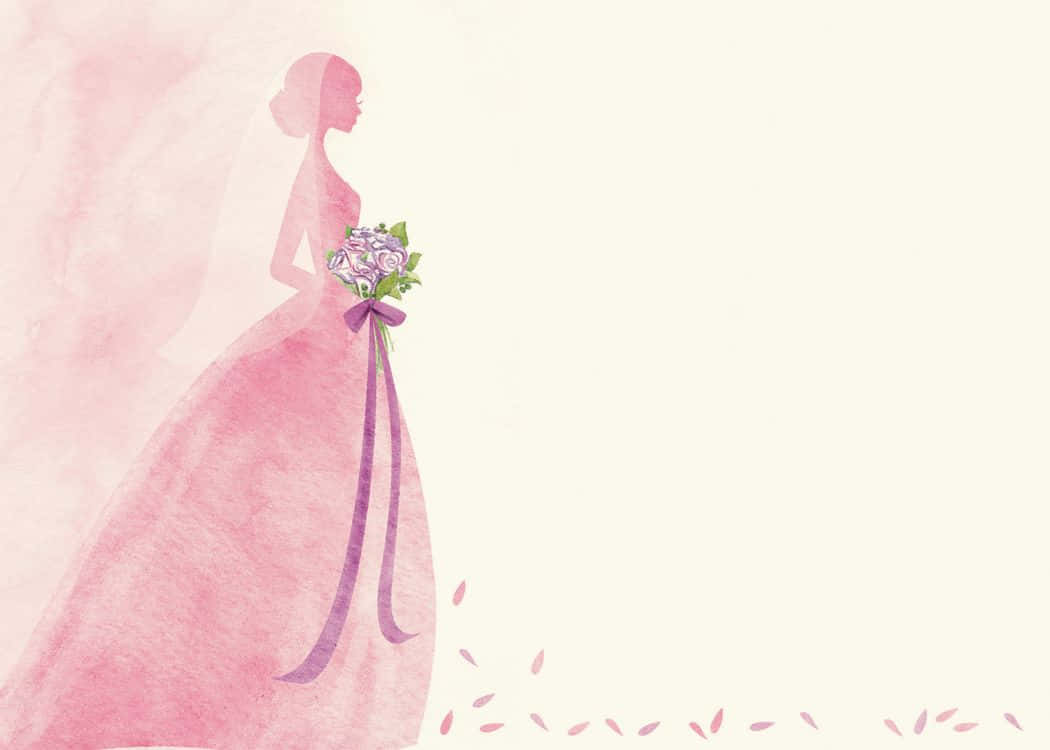 Wedding 桌布 壁紙 — 柔和的水彩剪影，一位身穿粉色的新娘手持紫色花束，花瓣飄落。