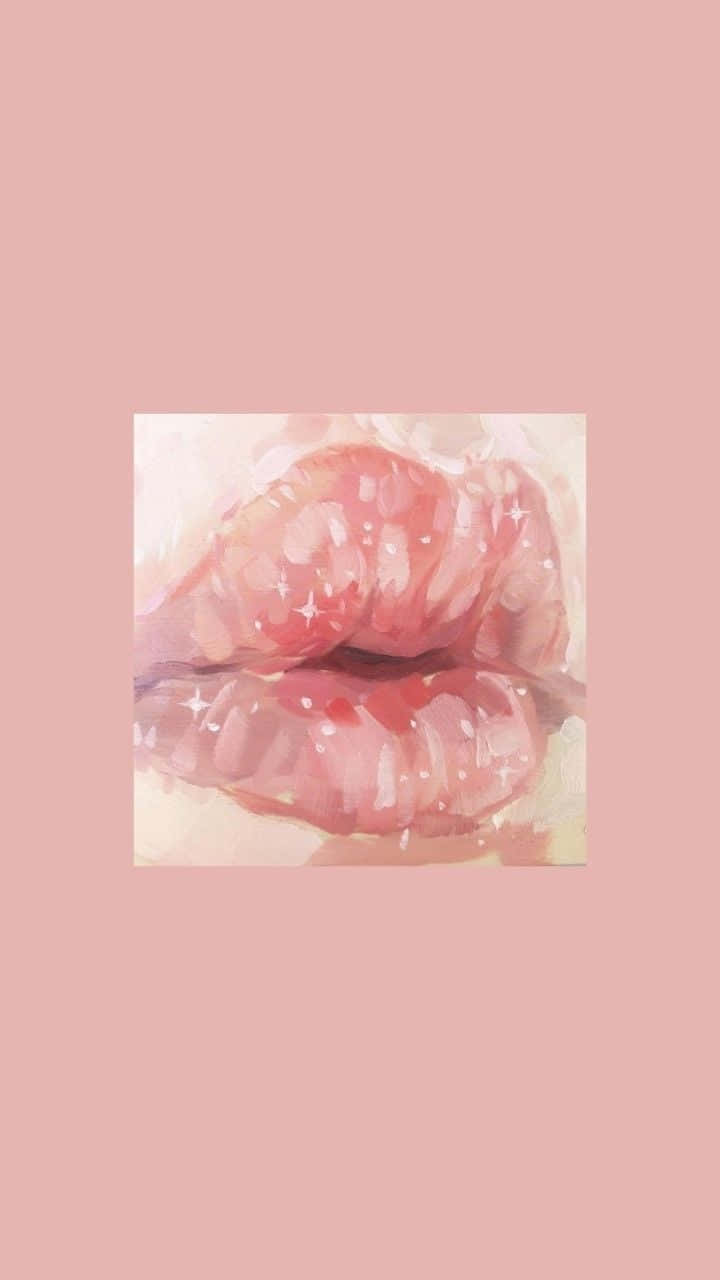 Soft Girl Aesthetic 桌布 壁紙 — 柔和的水彩嘴唇，在柔和的粉紅色背景上閃爍著閃光。