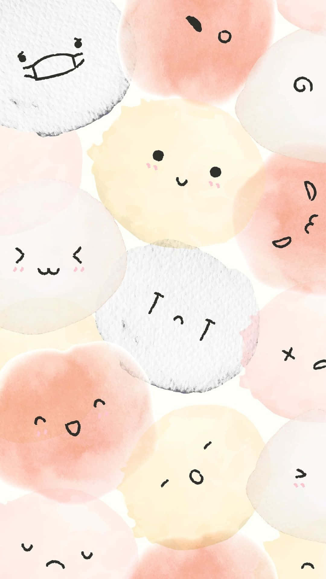 Kawaii Emoticon 桌布 壁紙 — 柔和的水彩圓圈，帶有可愛的極簡臉孔，採用粉彩粉紅、黃色和白色。