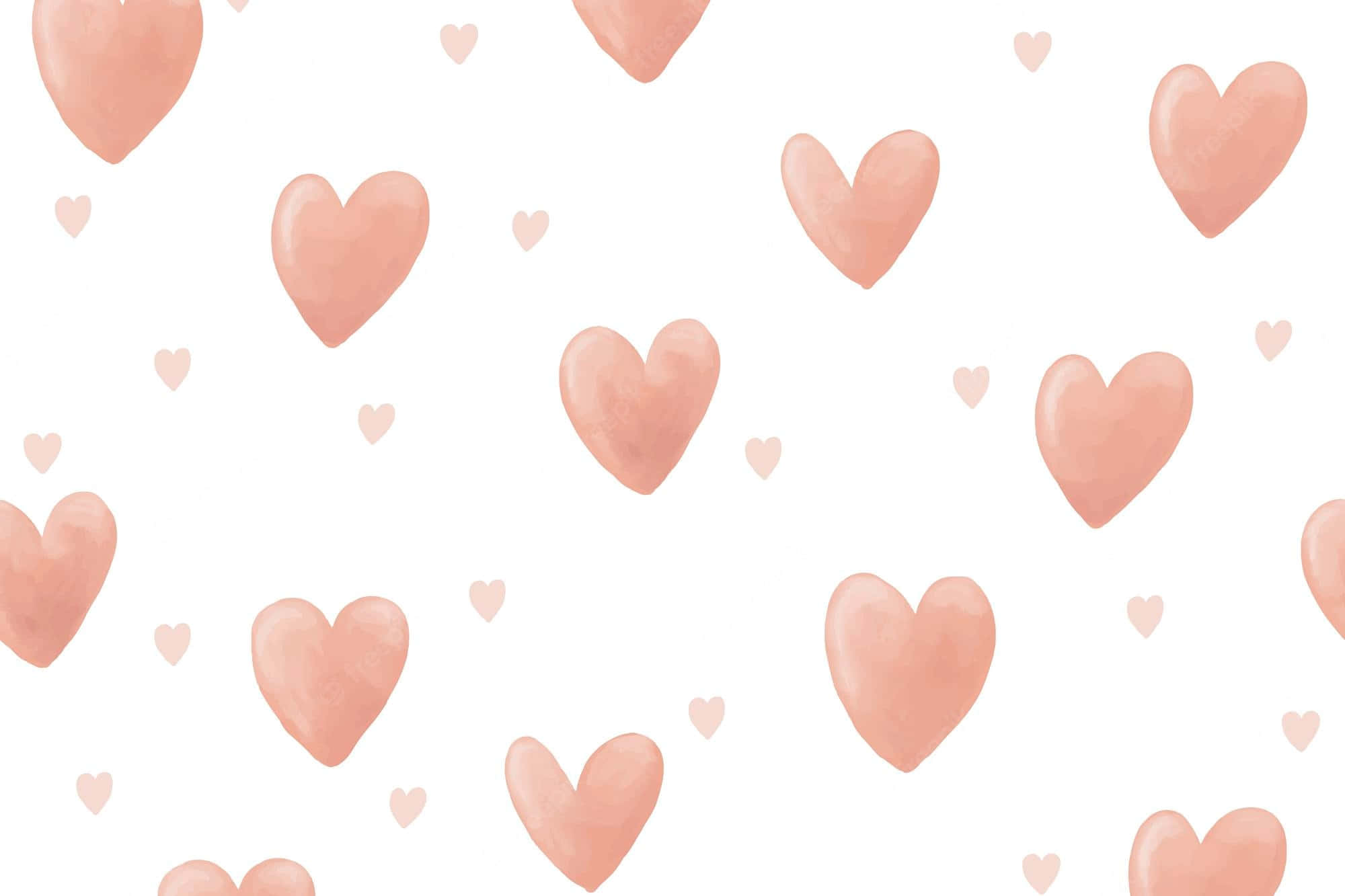 Girly Desktop 桌布 壁紙 — 柔和的水彩圖案，桃色心形散落在潔淨的白色背景上。