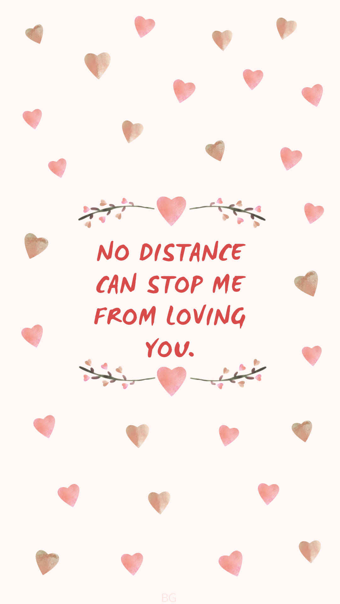 Relationship 桌布 壁紙 — 柔和的水彩壁紙，散落著粉紅色的心形圖案，中央的語錄由精緻的樹枝框住。