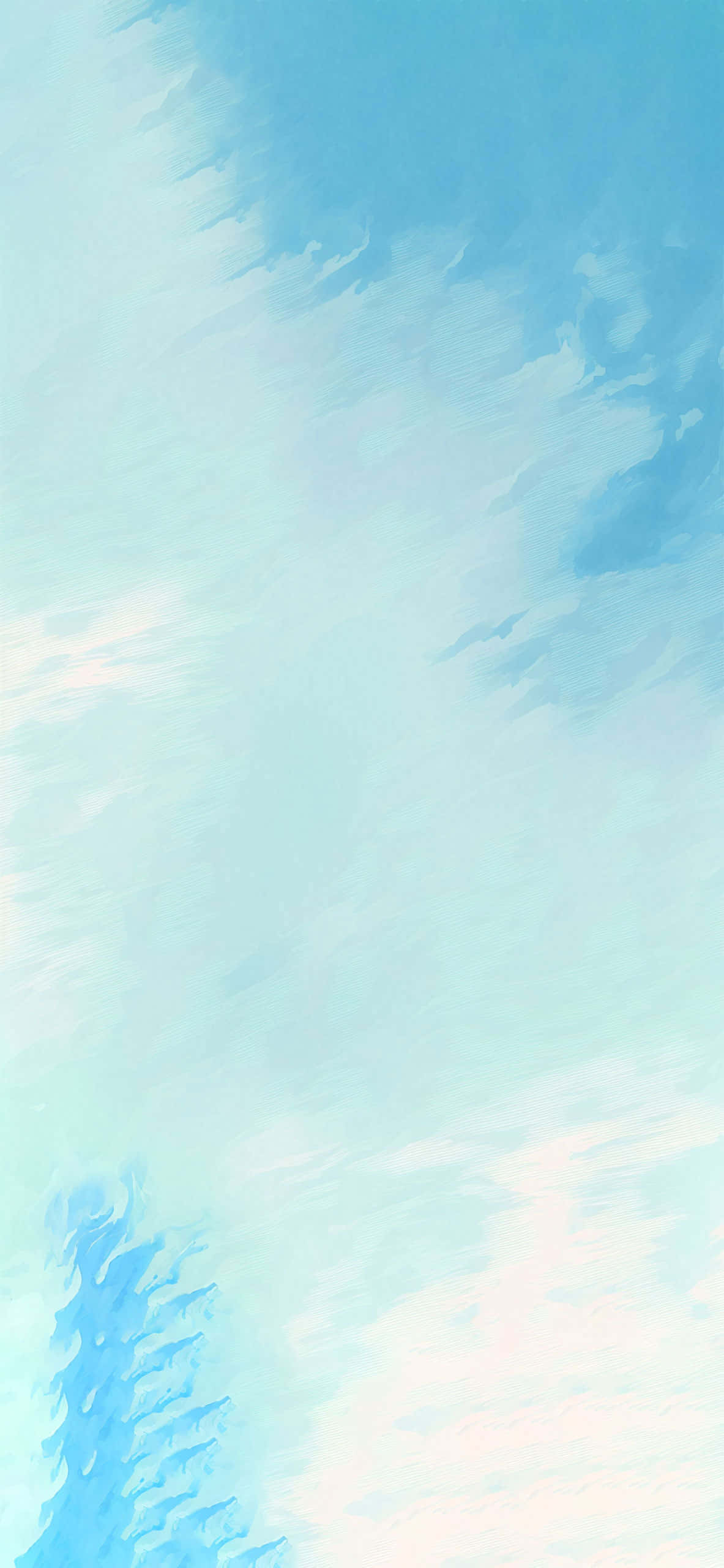 淺藍色美學動圖 桌布 壁紙 — 柔和的水彩天空，帶有縷縷雲彩和一棵松樹剪影，採用清涼的藍白色調。