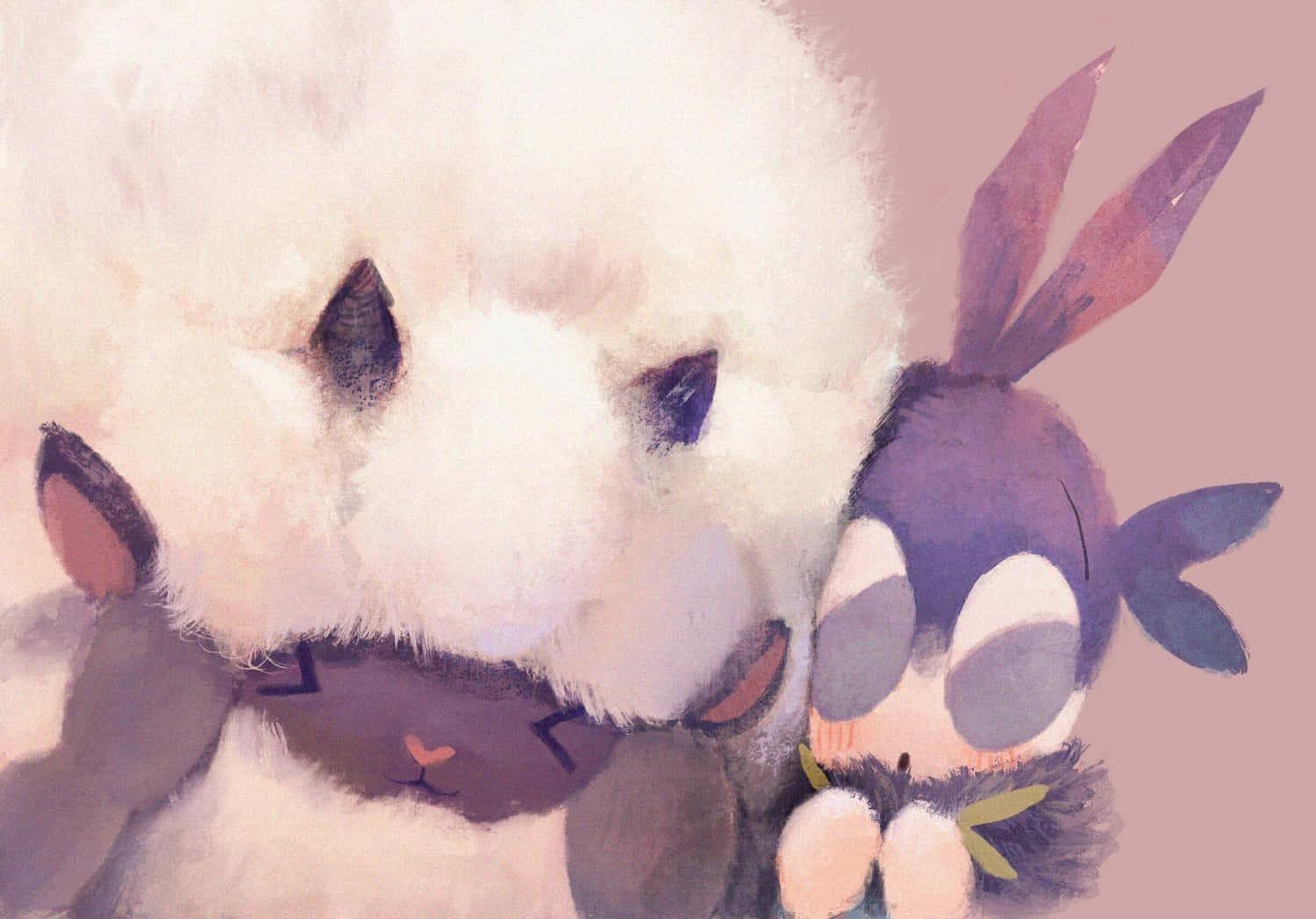 寶可夢 桌布 壁紙 — 柔和的水彩插畫，描繪兩隻絨毛動物角色在溫柔的粉紅光芒中依偎。