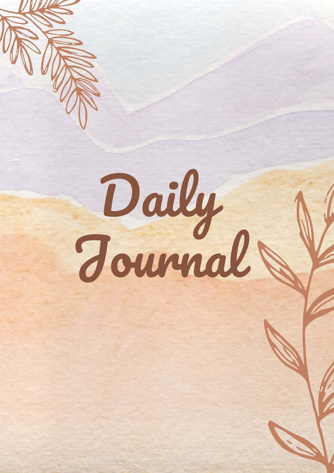 美學 桌布 壁紙 — 柔和的水彩日記封面，'Daily Journal' 文字由精緻的棕色樹枝葉片環繞，背景為粉彩漸變色。