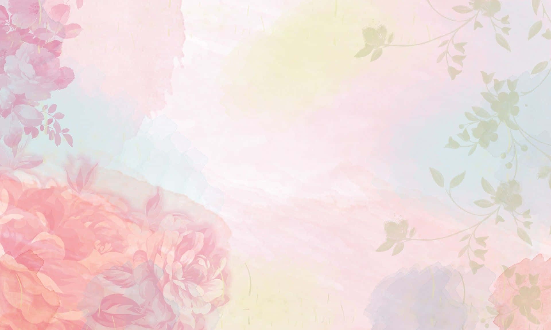 Pastel Watercolor 桌布 壁紙 — 柔和的水彩洗滌，以粉彩粉紅、藍色和黃色，框住精緻的花朵和藤蔓，構成夢幻般的抽象構圖。