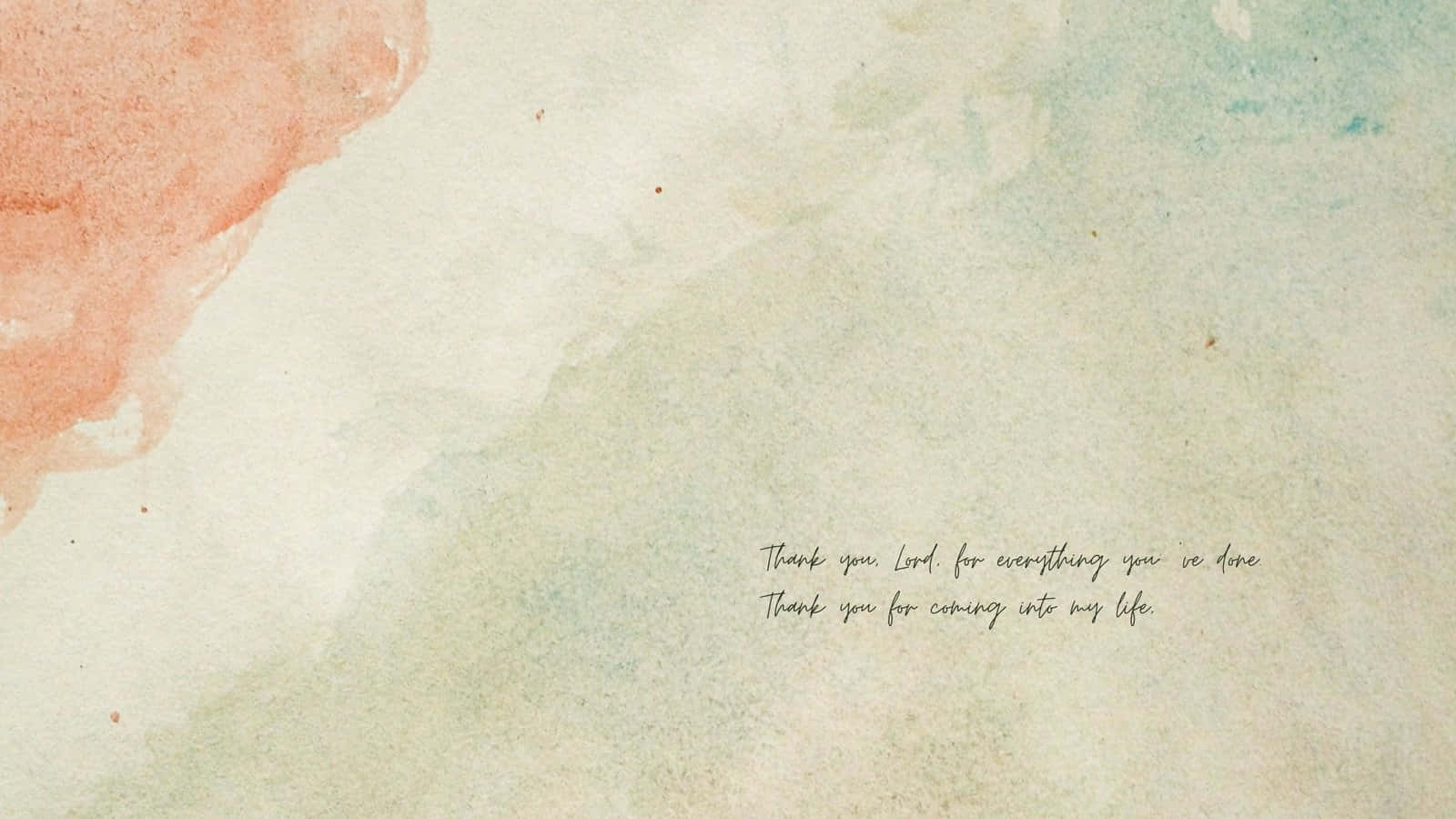 Minimalist Bible 桌布 壁紙 — 柔和的水彩洗滌，桃色和藍綠色在紋理紙上融合，配上優雅的手寫草書表達感謝。