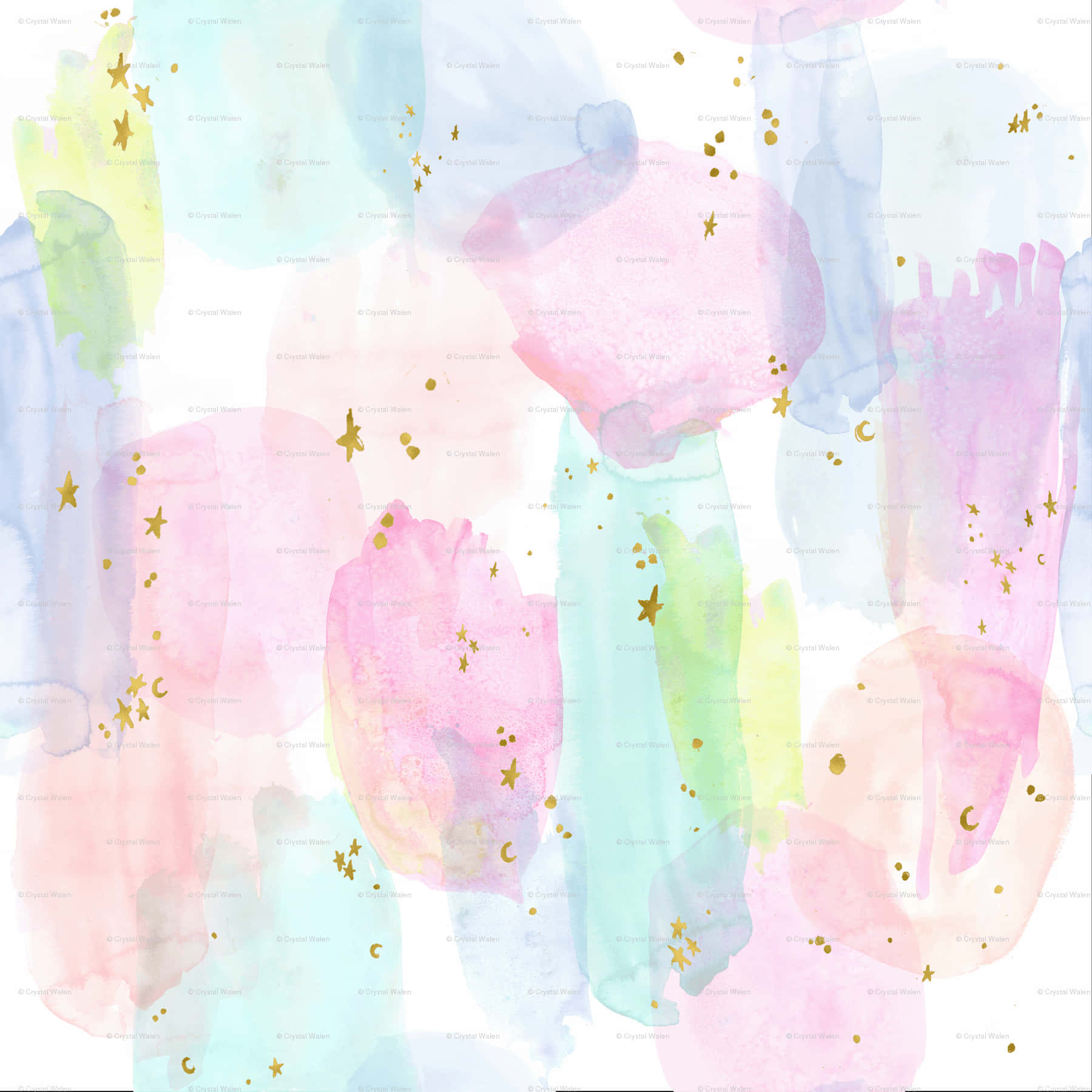 Watercolor 桌布 壁紙 — 柔和的水彩洗滌，粉紅、藍色和綠色與散落的金色星星和彎月在白色上融合。