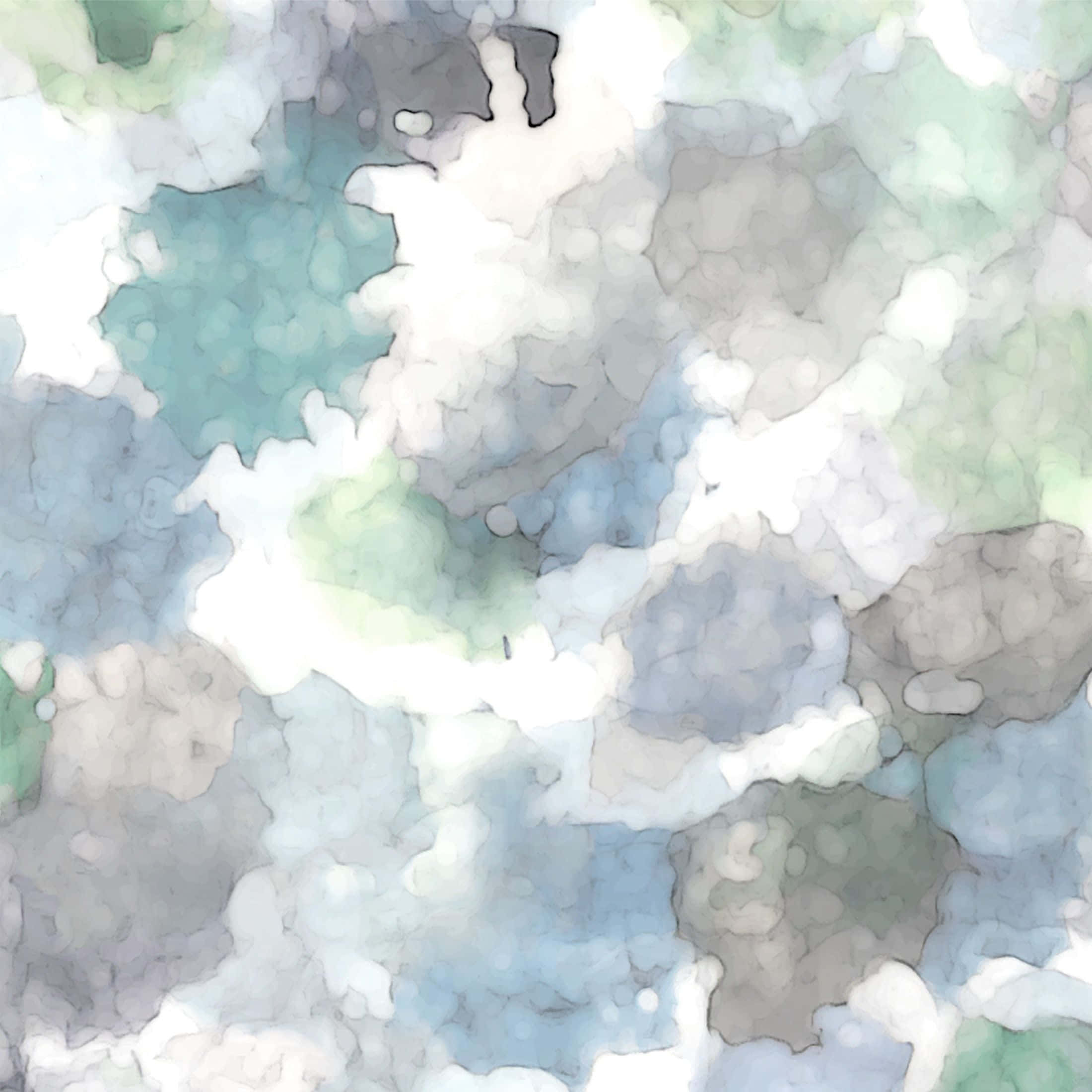 Expressionism 桌布 壁紙 — 柔和的水彩洗滌，青灰色和薄荷綠色在白色背景上融合成抽象的雲狀形狀。