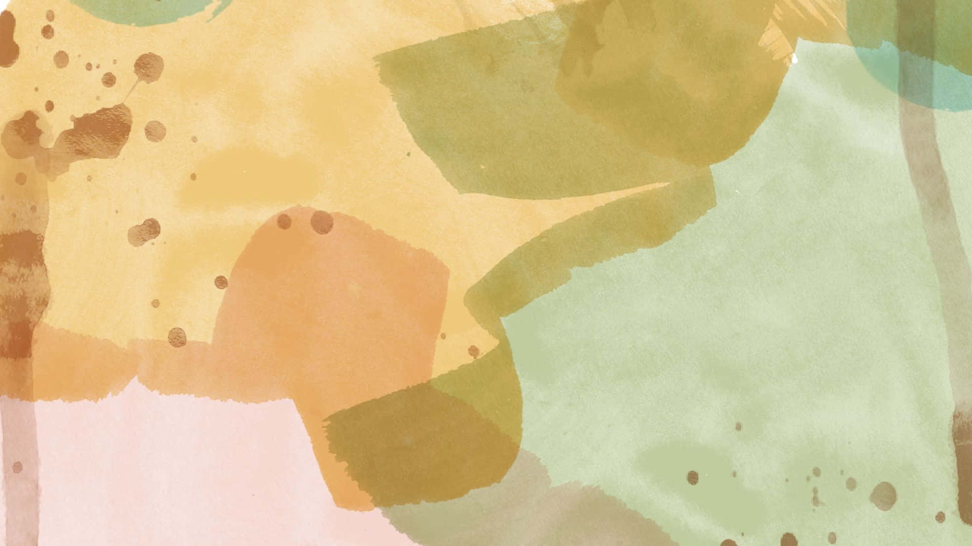桌布 壁紙 — 柔和的水彩洗滌混合了溫暖的赭色、綠色和粉紅色，以及散落的棕色潑濺，創造出夢幻般的抽象構圖。