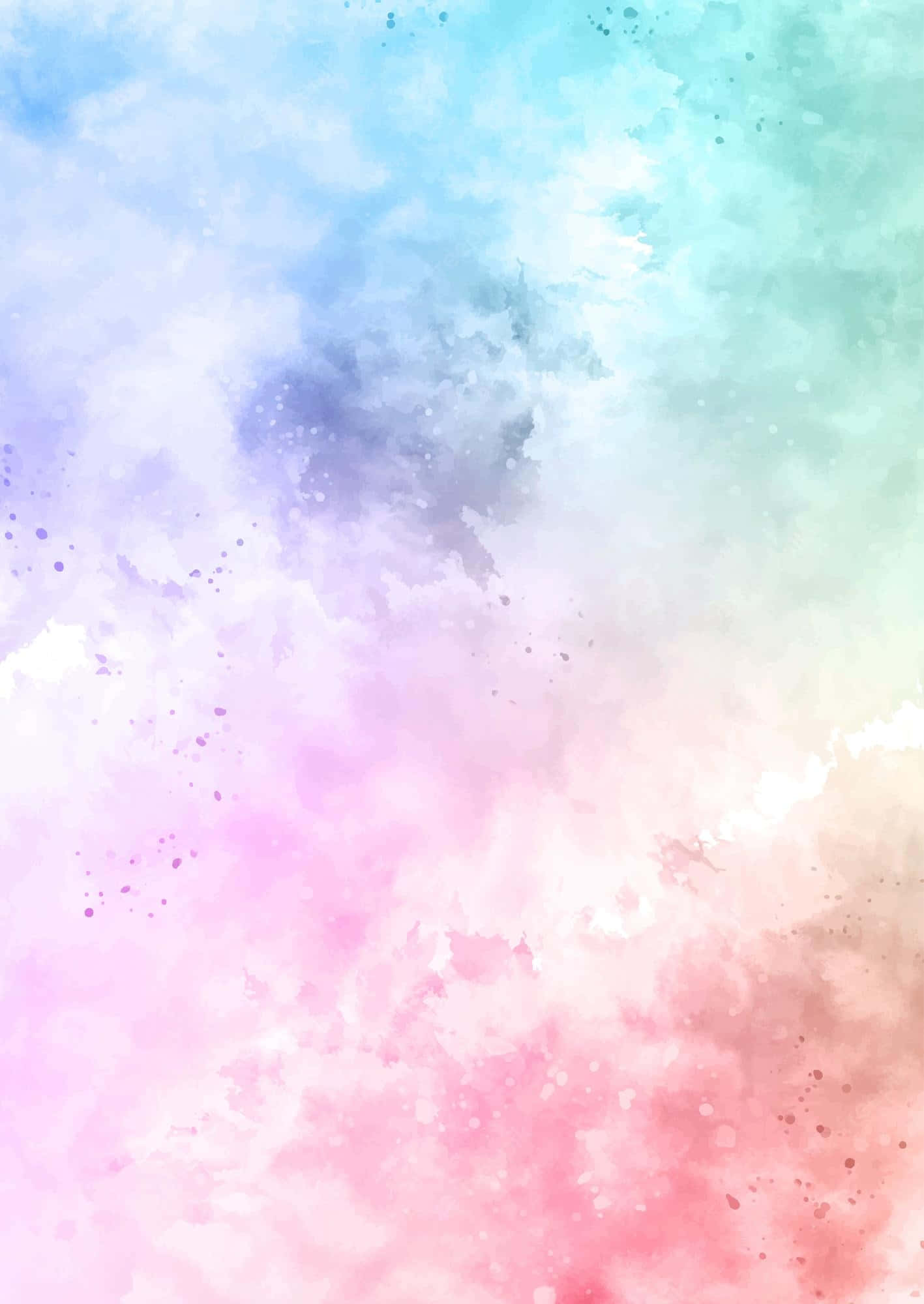 Cute Rainbow Pastel 桌布 壁紙 — 柔和的水彩洗滌混合了粉藍、紫、粉紅和藍綠色，並帶有散落的斑點，營造出夢幻般的抽象背景。
