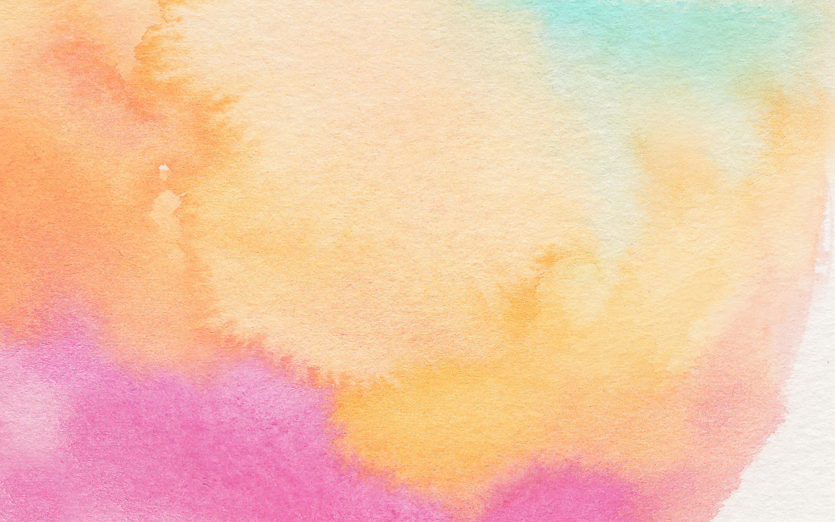 Watercolor 桌布 壁紙 — 柔和的水彩洗滌混合了蜜桃粉、藍綠色和黃色在紋理紙上，營造出夢幻般的抽象背景。