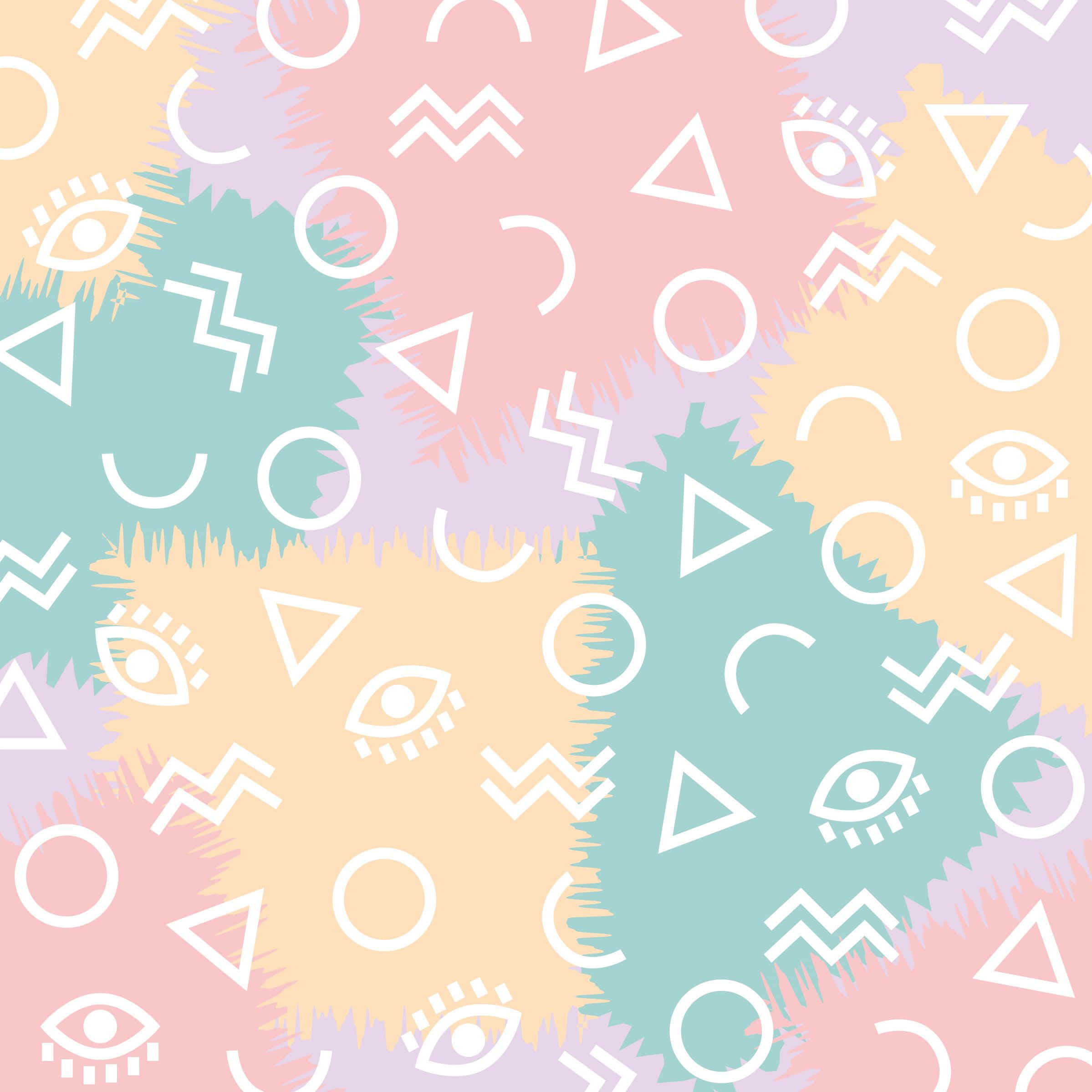 pastel 桌布 壁紙 — 柔和的水彩潑濺與白色幾何形狀和眼睛混合，形成一個俏皮的抽象圖案。