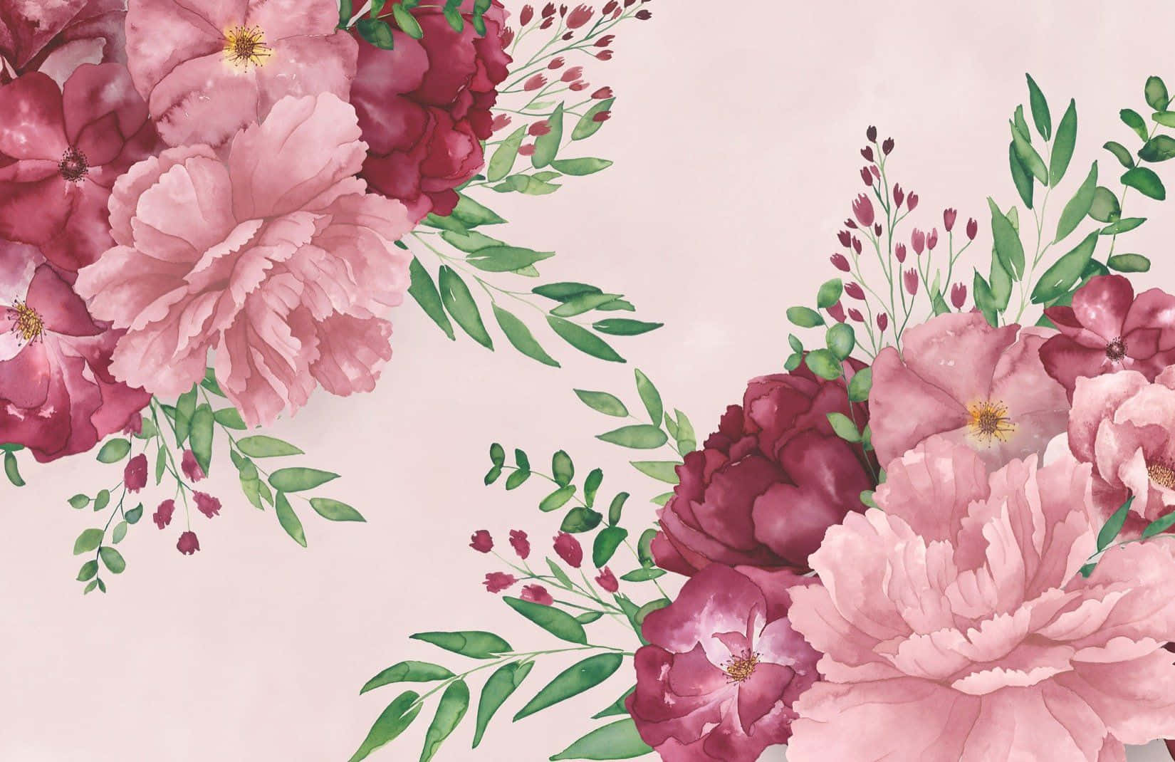 Floral Print 桌布 壁紙 — 柔和的水彩牡丹和綠植在淡粉色背景上以精緻的角落佈置綻放。