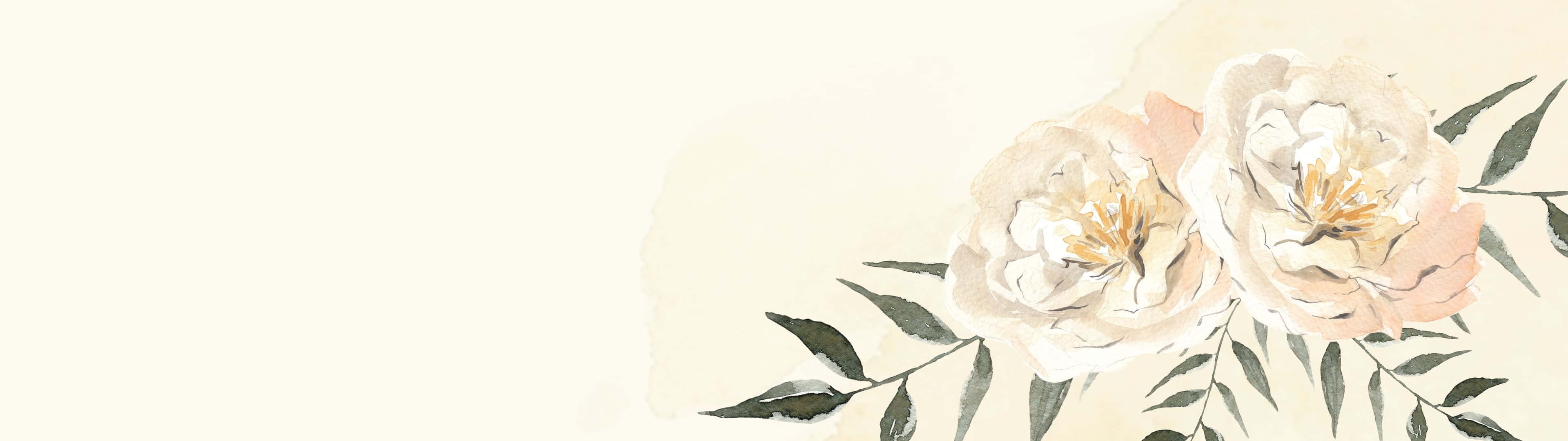 3840x1080 桌布 壁紙 — 柔和的水彩玫瑰，奶油色和蜜桃色，在淡奶油色背景上優雅綻放，點綴著精緻的綠葉。