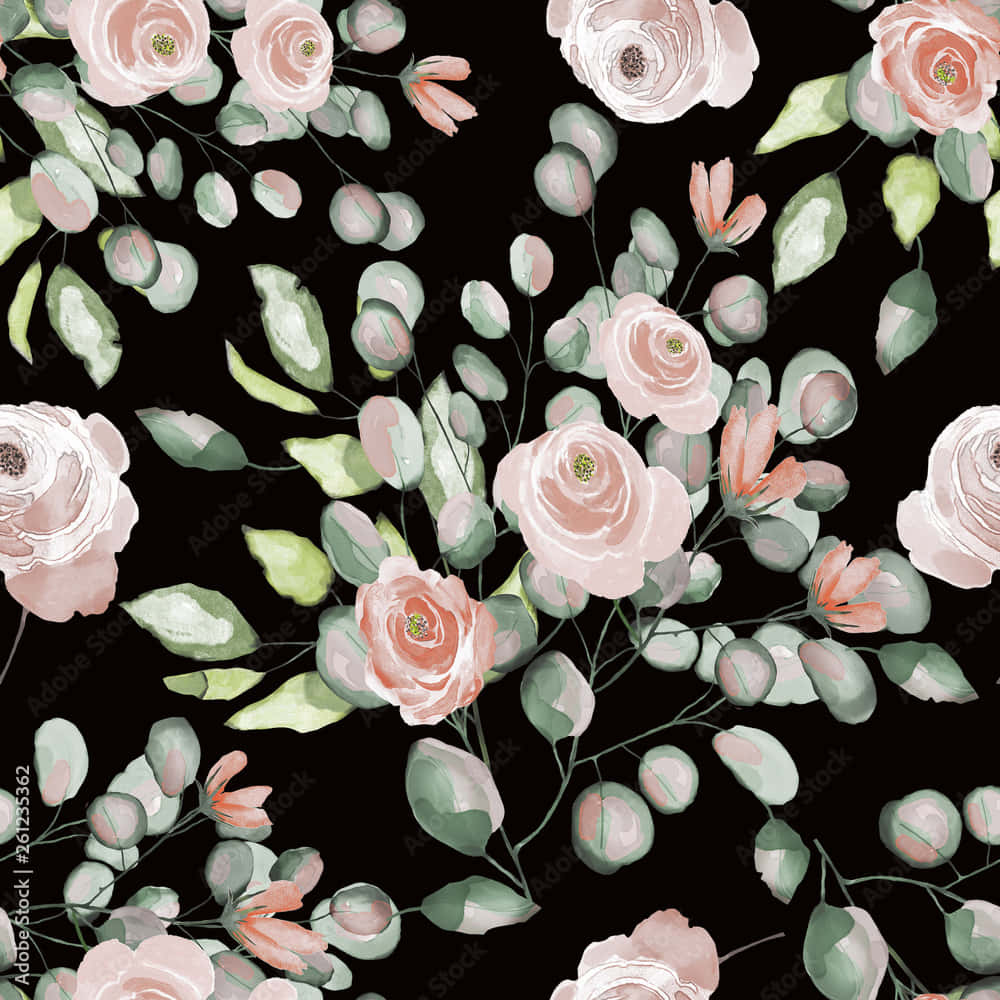 Pink Roses 桌布 壁紙 — 柔和的水彩玫瑰和尤加利葉在純黑背景上綻放出精緻的花卉圖案。