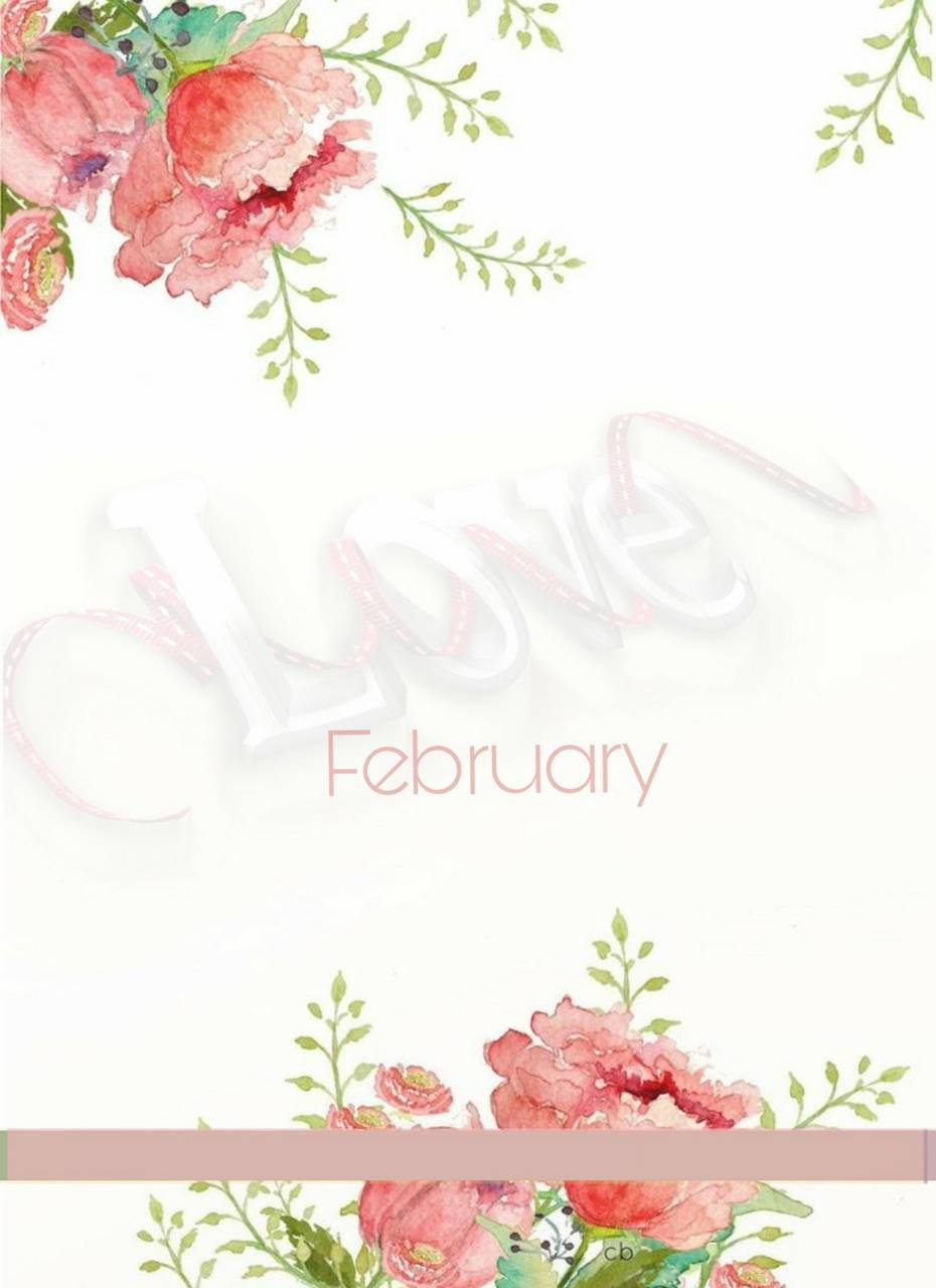 二月 桌布 壁紙 — 柔和的水彩粉紅花朵和綠葉圍繞著「Love」和「February」字樣，背景為純白色。