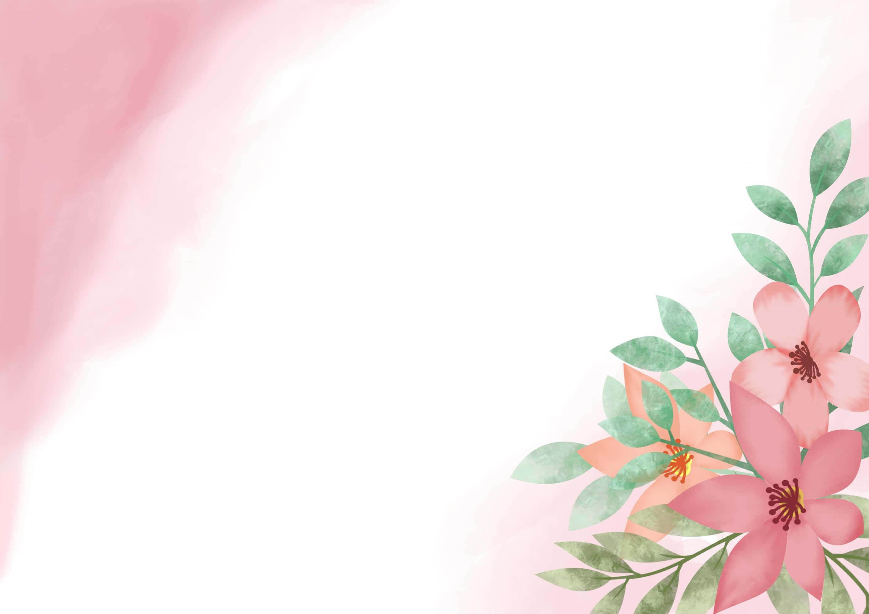 Painting 桌布 壁紙 — 柔和的水彩粉色花朵和綠色葉子在右下角綻放，背景是溫柔的粉色漸層。