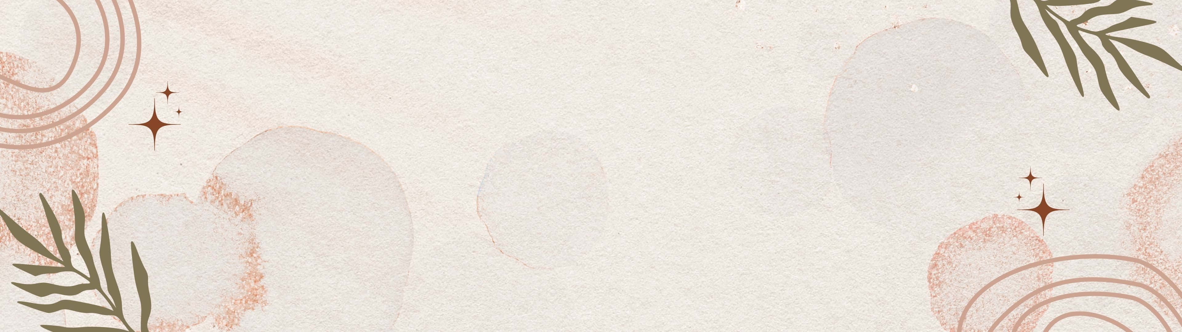 3840x1080 桌布 壁紙 — 柔和的水彩背景，帶有柔和的蜜桃色圓圈、綠色葉子點綴和閃爍的星星，在紋理紙上。