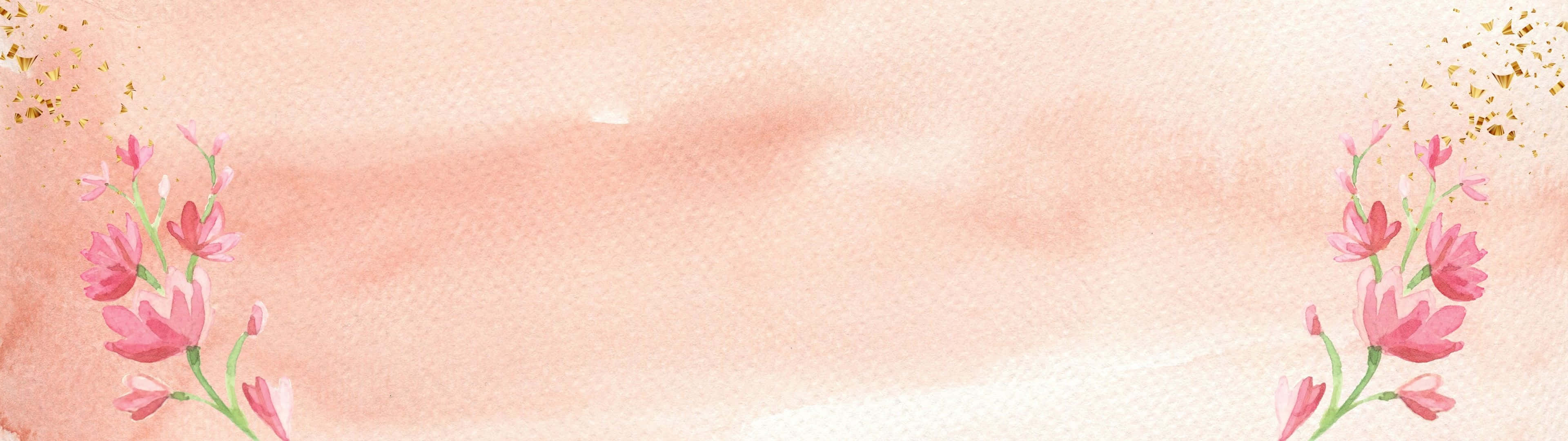 3840x1080 桌布 壁紙 — 柔和的水彩背景，帶有粉紅色花簇和角落的金色閃粉點綴。