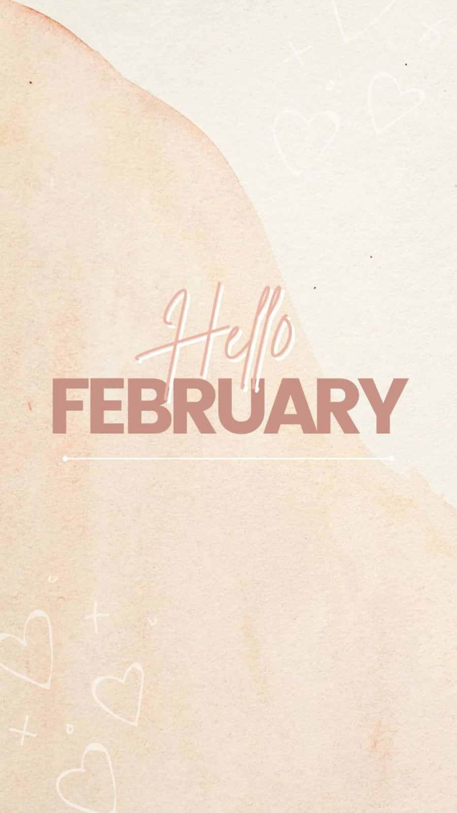 February iPhone 桌布 壁紙 — 柔和的水彩背景，帶有褪色的心形圖案和優雅手寫體及粗體字型的「Hello FEBRUARY」文字。