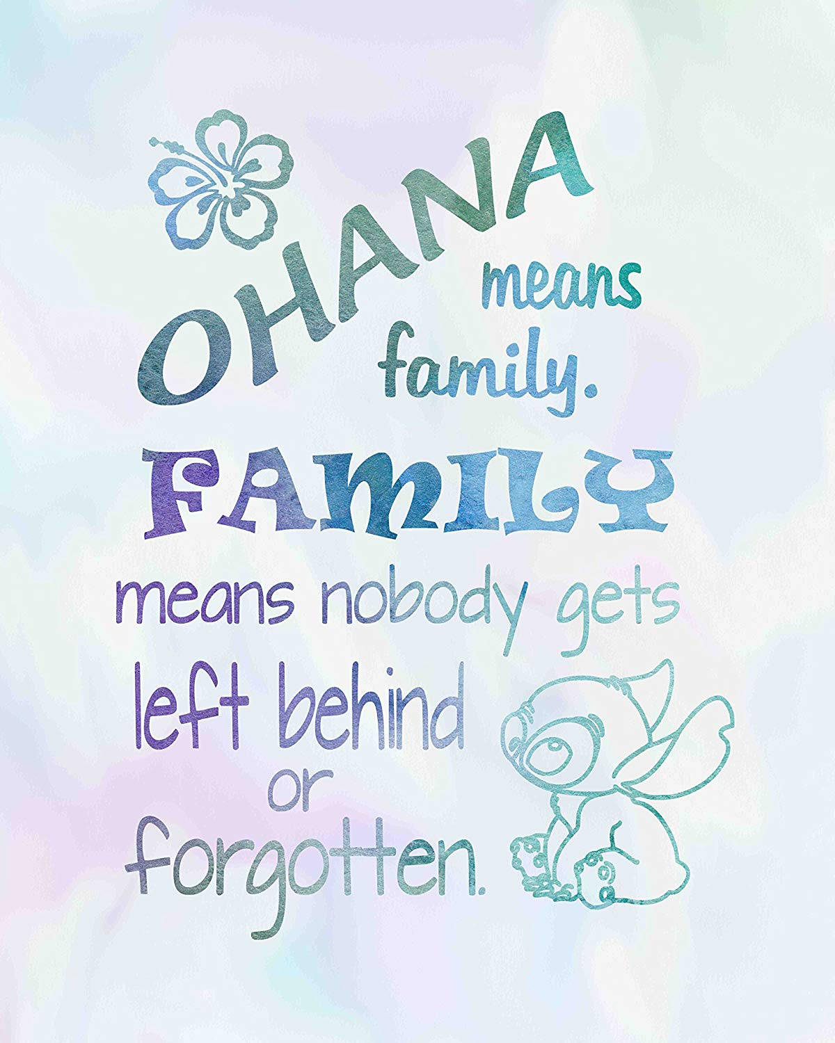 星際寶貝 桌布 壁紙 — 柔和的水彩背景上，有「Ohana 意味著家庭」的語錄，以及一個粉藍和粉紫色的史迪奇小插圖。