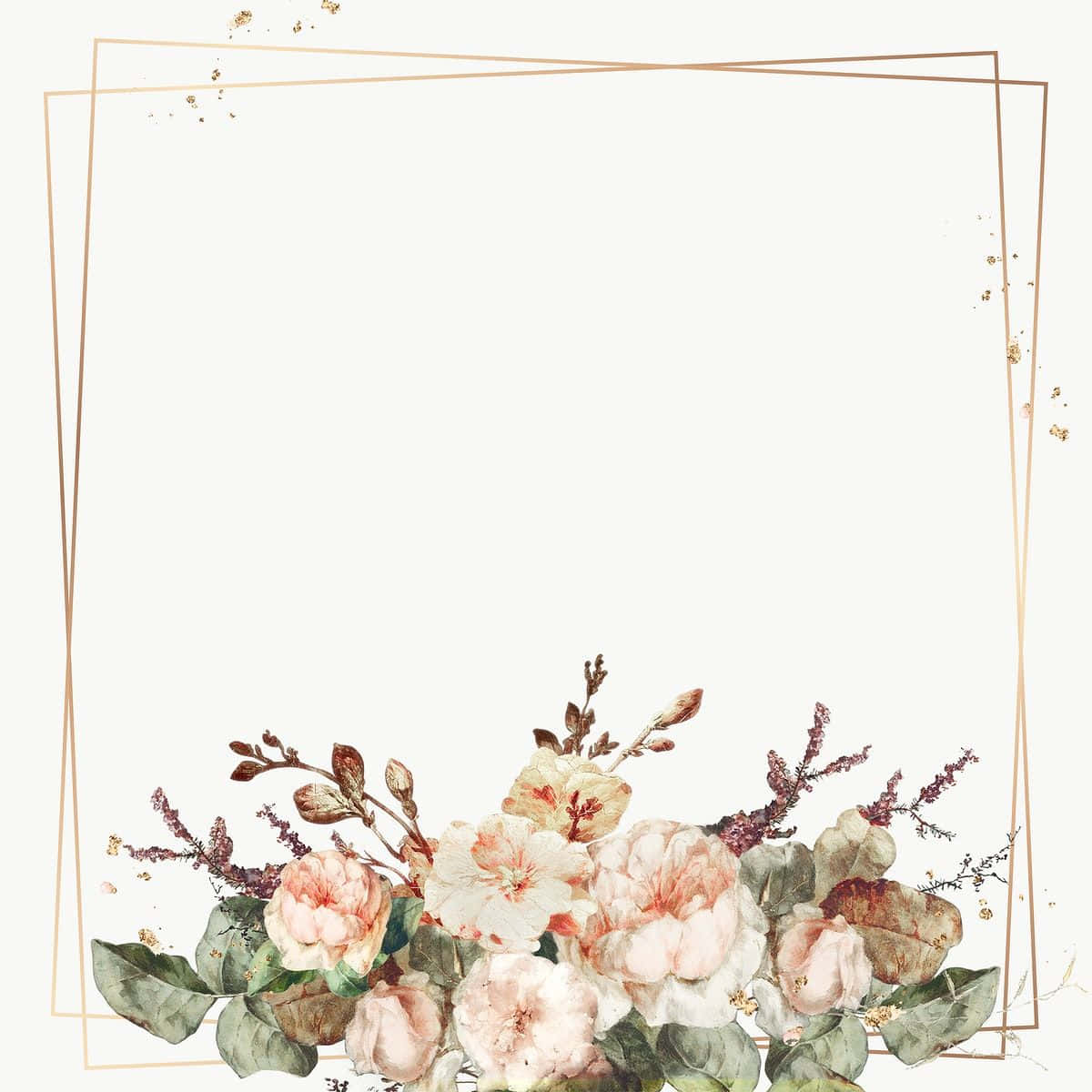 Vintage Flower 桌布 壁紙 — 柔和的水彩花卉佈置，以腮紅和鼠尾草色調，鑲嵌在精緻的金色幾何框架內。