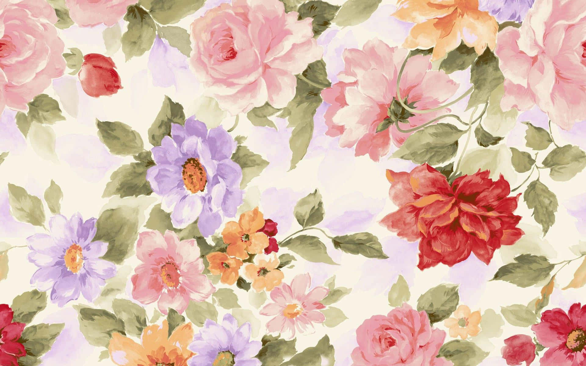 Floral Art 桌布 壁紙 — 柔和的水彩花卉圖案，在奶油色背景上點綴粉紅色、紅色和紫色的花朵。