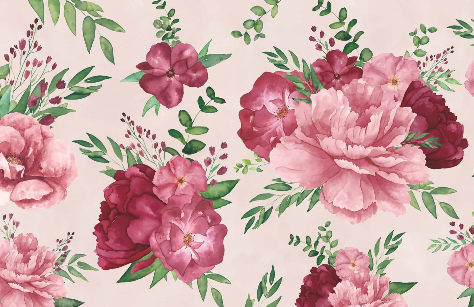 Watercolor Floral 桌布 壁紙 — 柔和的水彩花卉圖案，在淡粉紅底色上呈現茂盛的粉紅和洋紅色牡丹花，搭配綠色葉子。