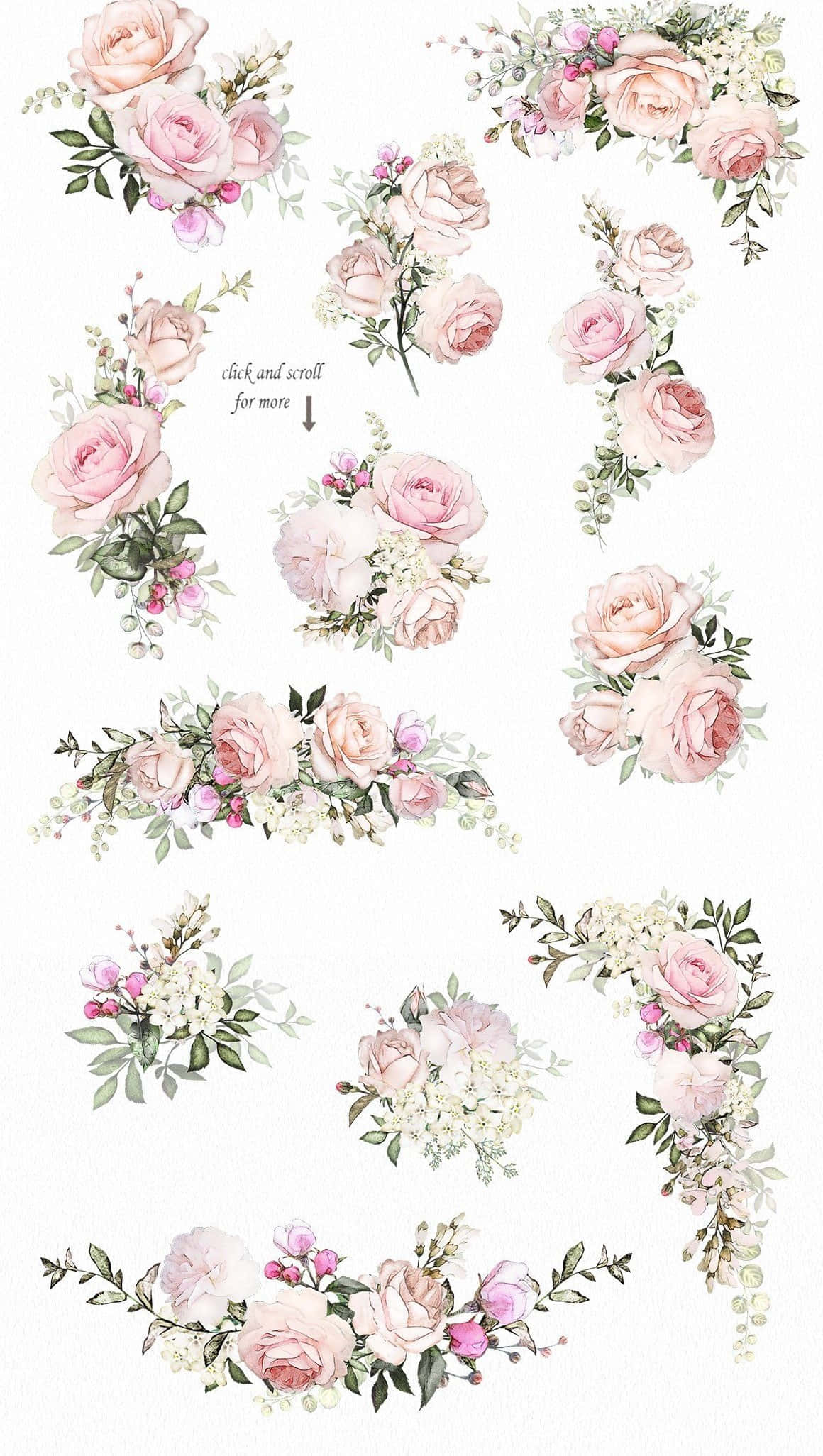 Vintage Rose 桌布 壁紙 — 柔和的水彩花卉簇，以淡粉紅和象牙白搭配綠色植物，裝飾性地排列在角落和邊框。