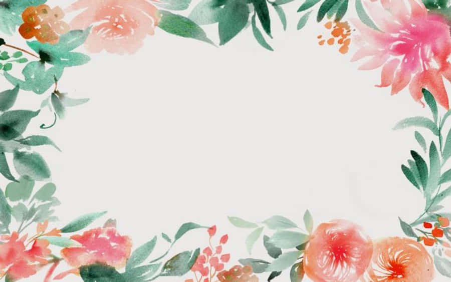 Watercolor Floral 桌布 壁紙 — 柔和的水彩花卉邊框，以粉紅桃花和綠葉框住空白中心。