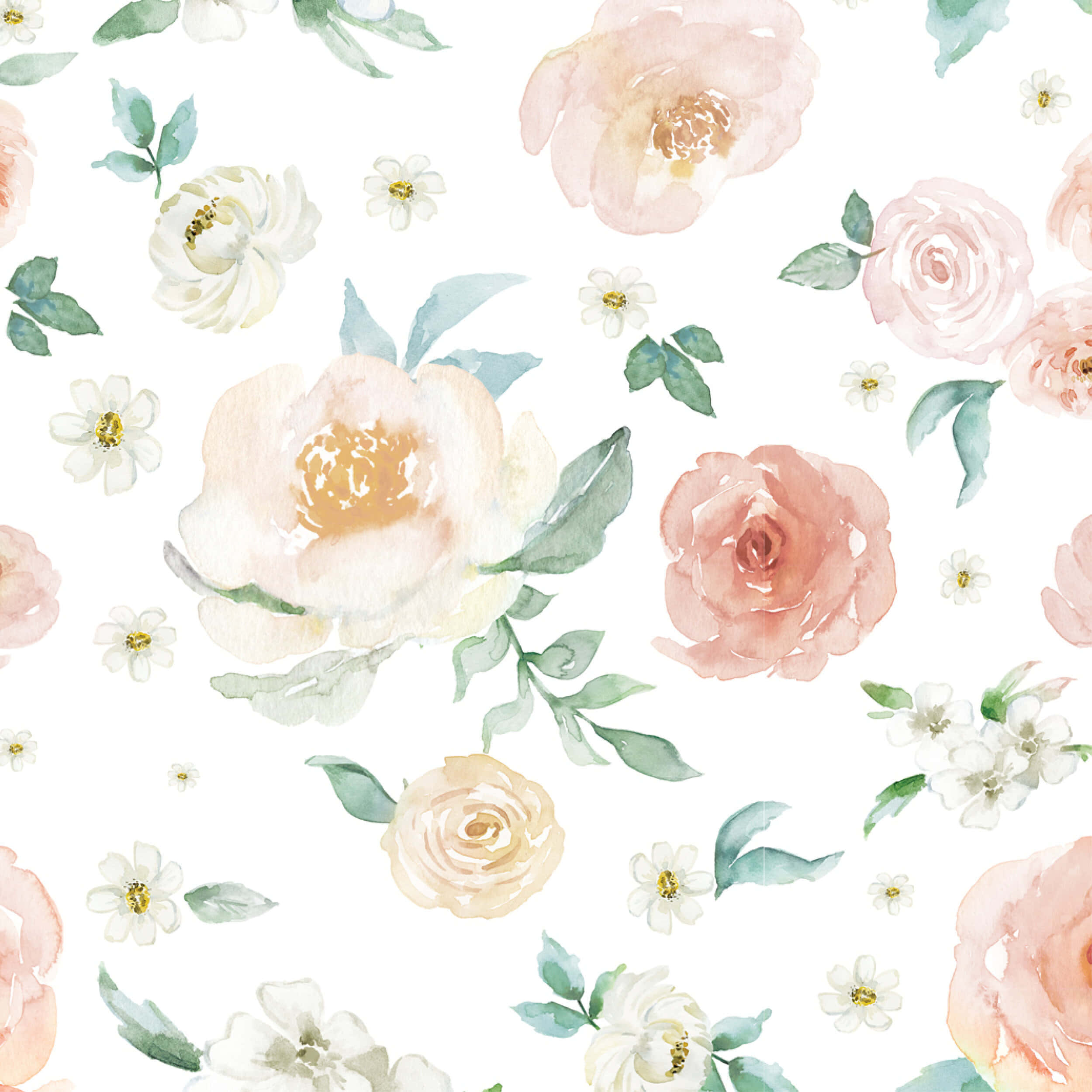 Watercolor Floral 桌布 壁紙 — 柔和的水彩花朵，以桃粉奶油和薄荷綠色綻放在潔白的背景上。