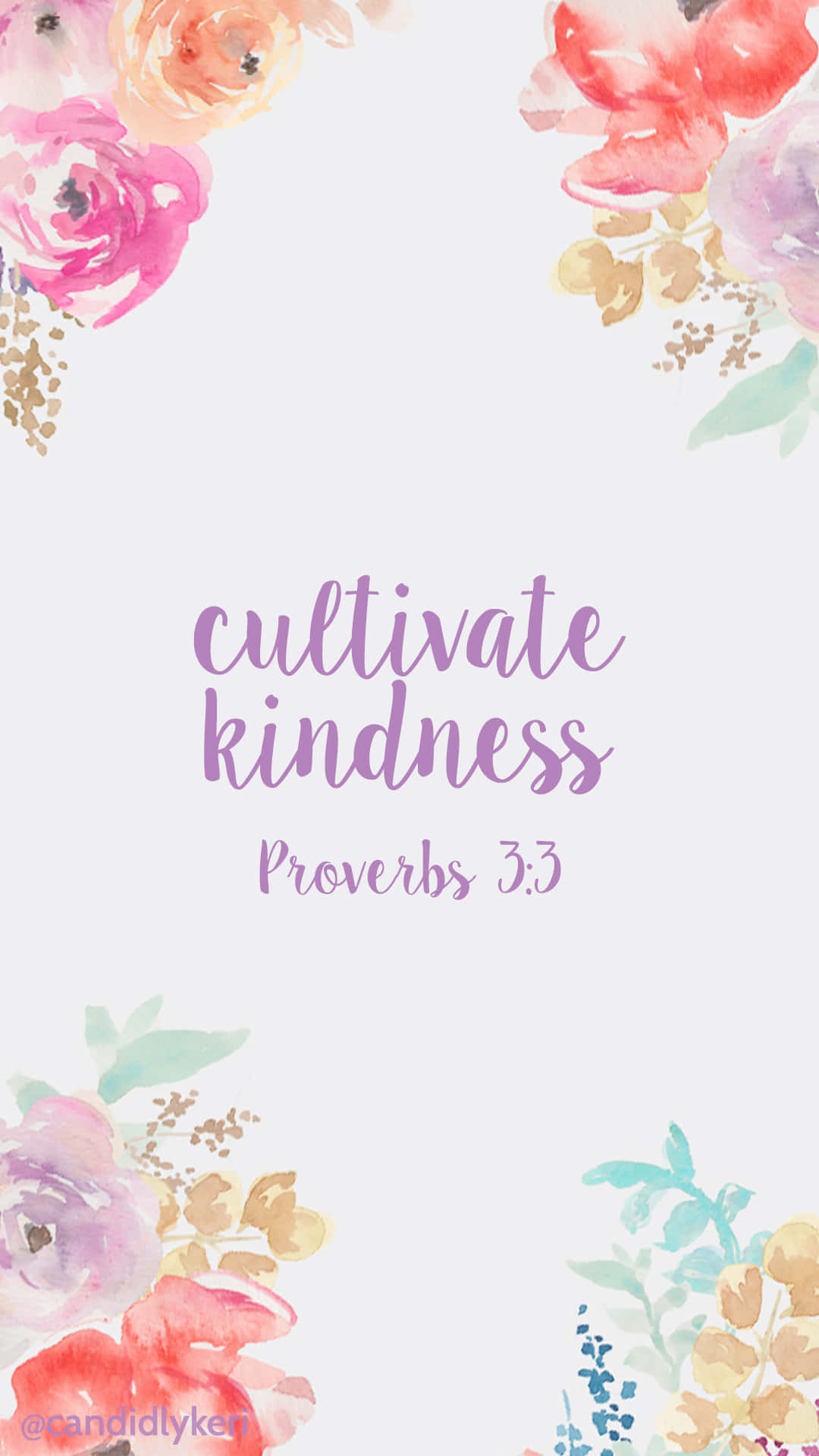 Girly Bible Verse 桌布 壁紙 — 柔和的水彩花朵，以粉紅、蜜桃和薰衣草色調，在淺灰色背景上圍繞著薰衣草色的手寫引言。