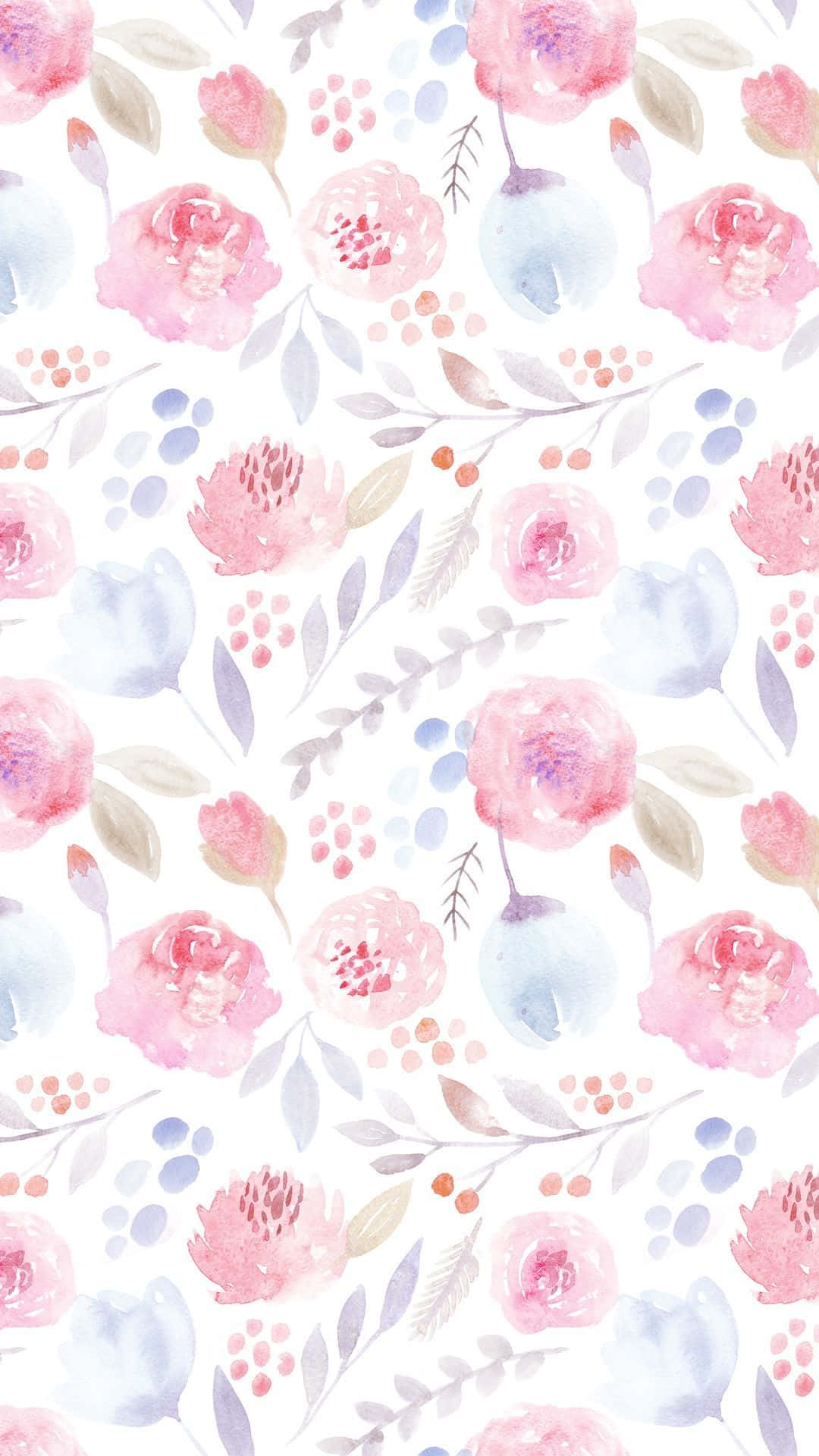 Floral Watercolor 桌布 壁紙 — 柔和的水彩花朵以粉紅色和藍色在白色背景上綻放，點綴著精緻的葉子和漿果。
