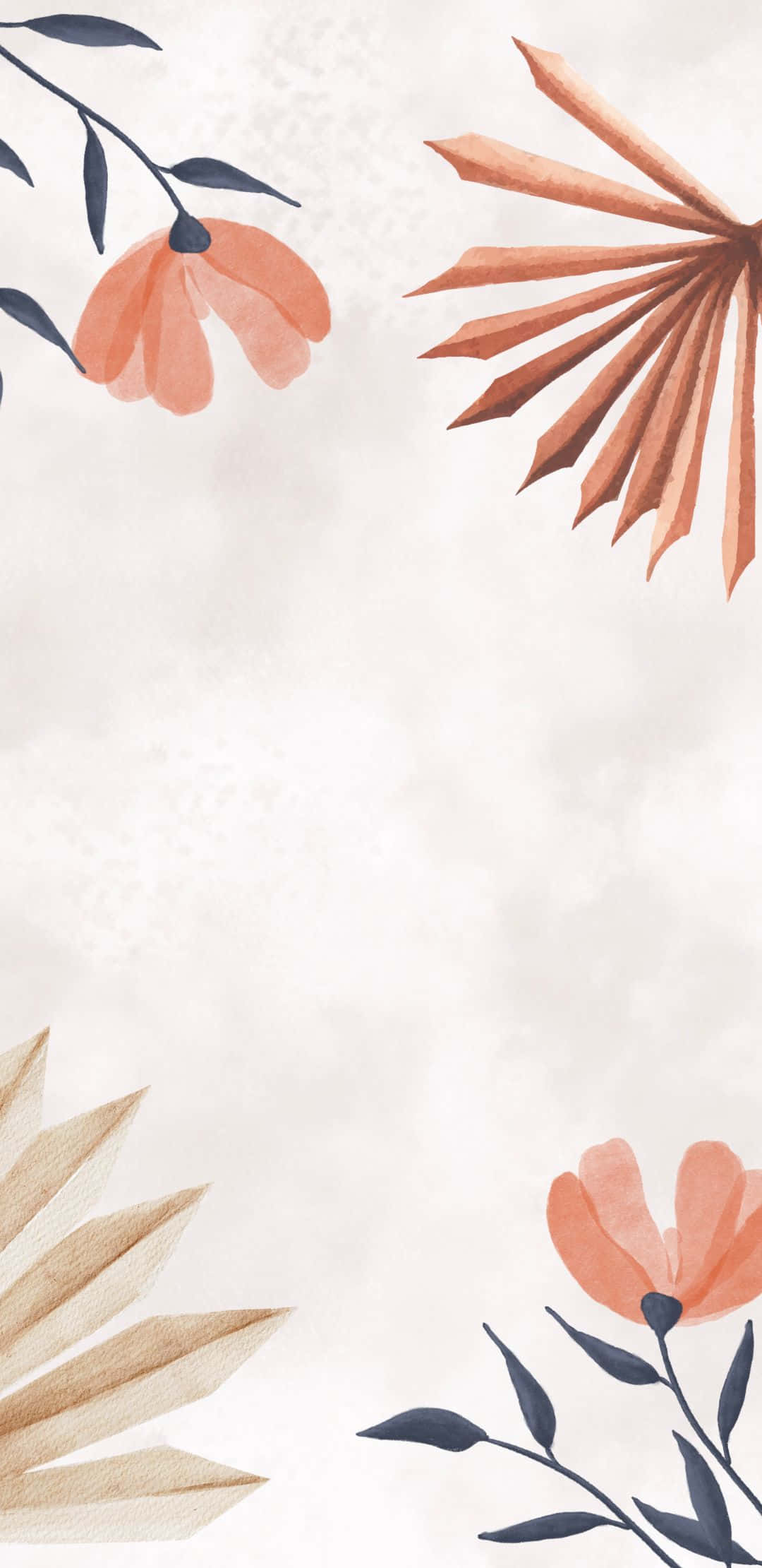 1080x2220 桌布 壁紙 — 柔和的水彩花朵和葉子，以蜜桃色和米色調，框住帶紋理的米白色背景。