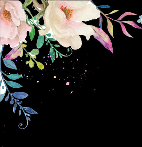 Watercolor 桌布 壁紙 — 柔和的水彩花朵和葉子沿對角線傾瀉而下，背景為黑色，點綴著五顏六色的顏料飛濺。
