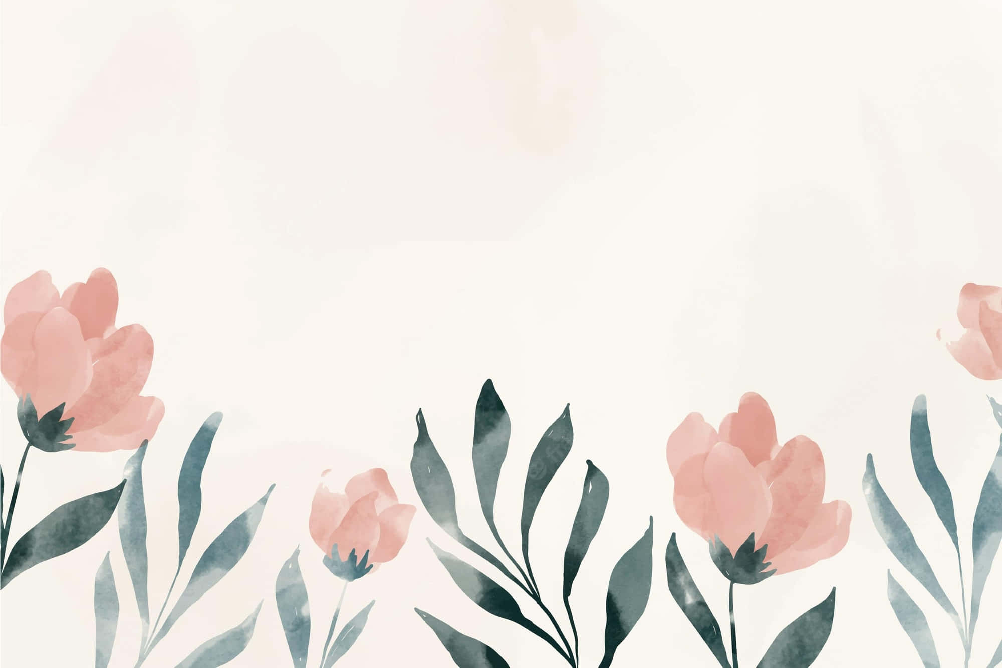 Watercolor Floral 桌布 壁紙 — 柔和的水彩花朵和葉子沿著淡奶油色背景的底部輕輕綻放。