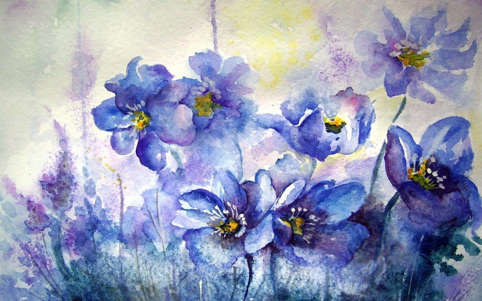 Paint Art 桌布 壁紙 — 柔和的水彩花朵在夢幻般的黃色和白色背景下以藍色和紫色調綻放。