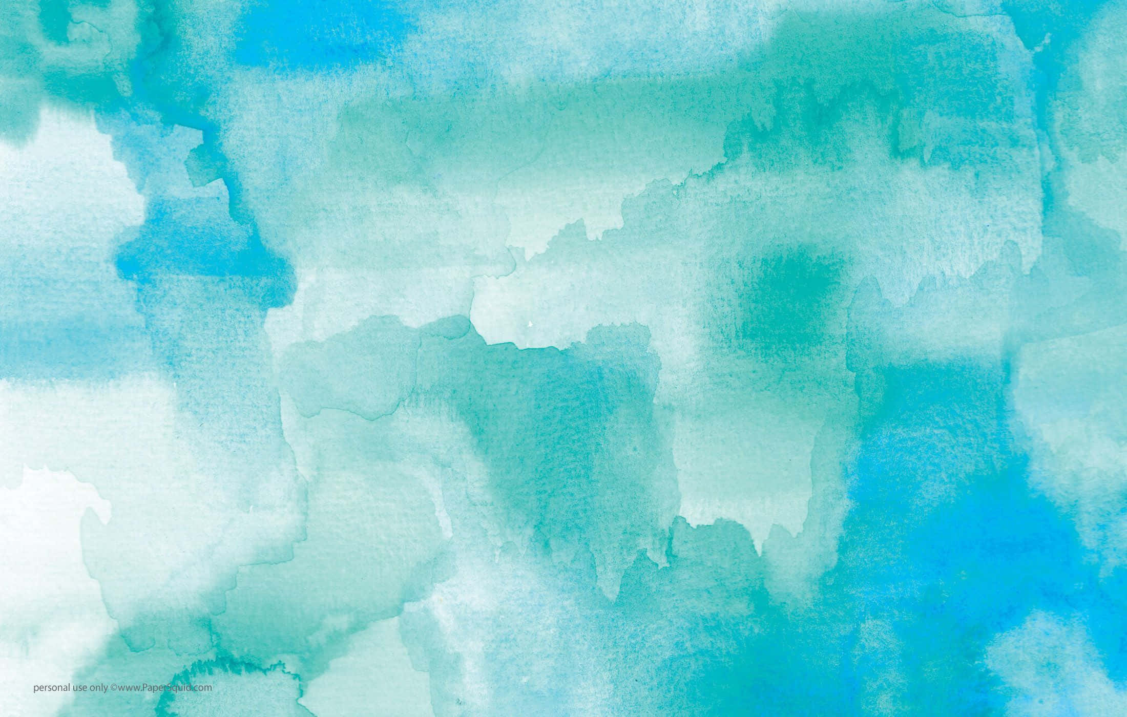 Cyan Aesthetic 桌布 壁紙 — 柔和的水藍色和藍綠色水彩洗滌在紋理紙背景上融合成縷縷白雲。