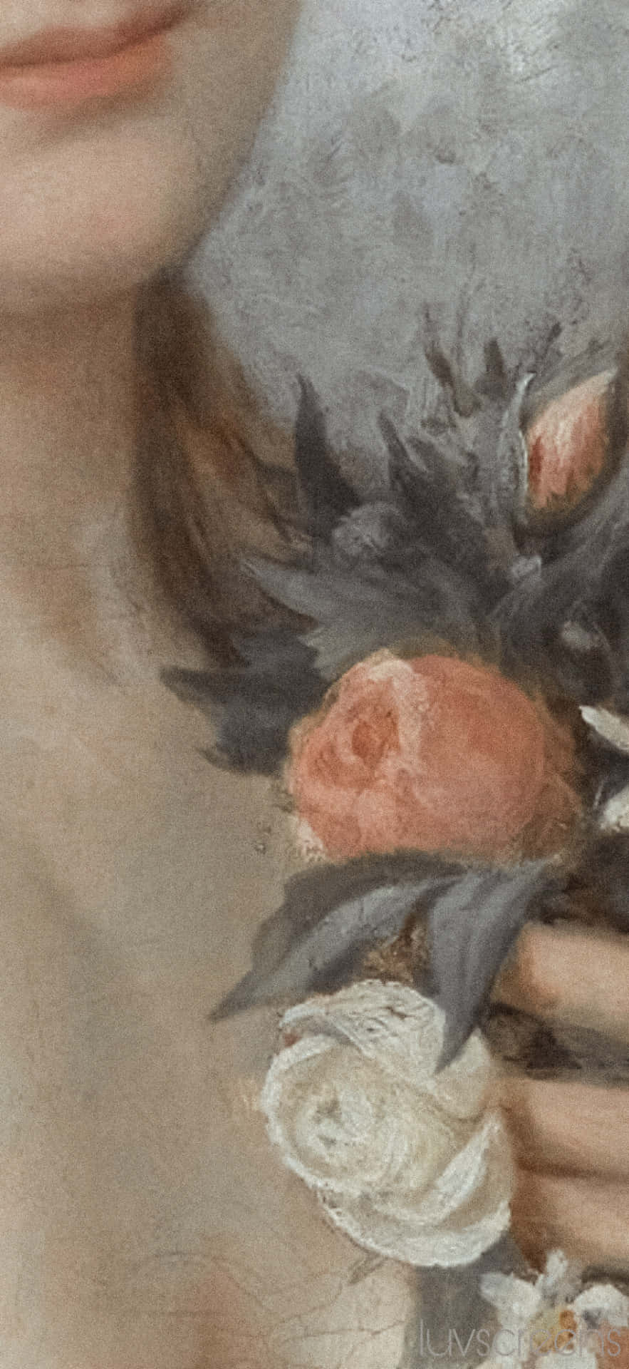 美學藝術 桌布 壁紙 — 柔和的油畫特寫，一個女人的肩膀抱著一束粉紅和白色玫瑰，帶有深色葉子。