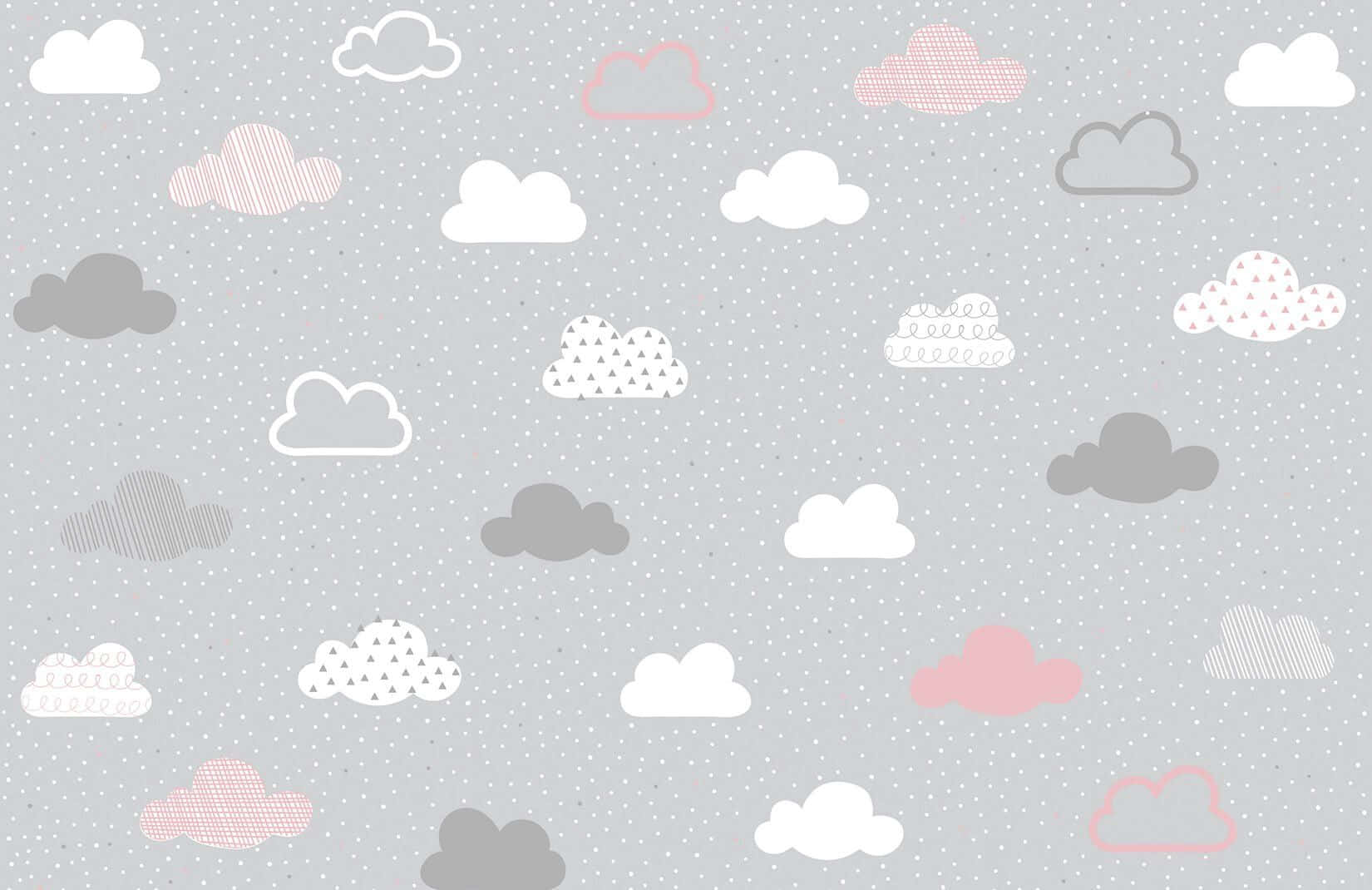 Cute Grey 桌布 壁紙 — 柔和的灰色背景上點綴著白色、灰色和粉紅色的夢幻雲朵，並帶有條紋和三角形等細緻圖案。