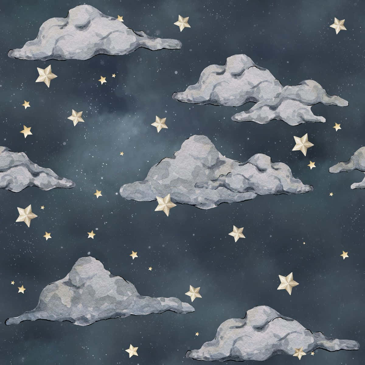 Stars 桌布 壁紙 — 柔和的灰色雲朵飄過深藍色的夜空，點綴著閃爍的金色星星。