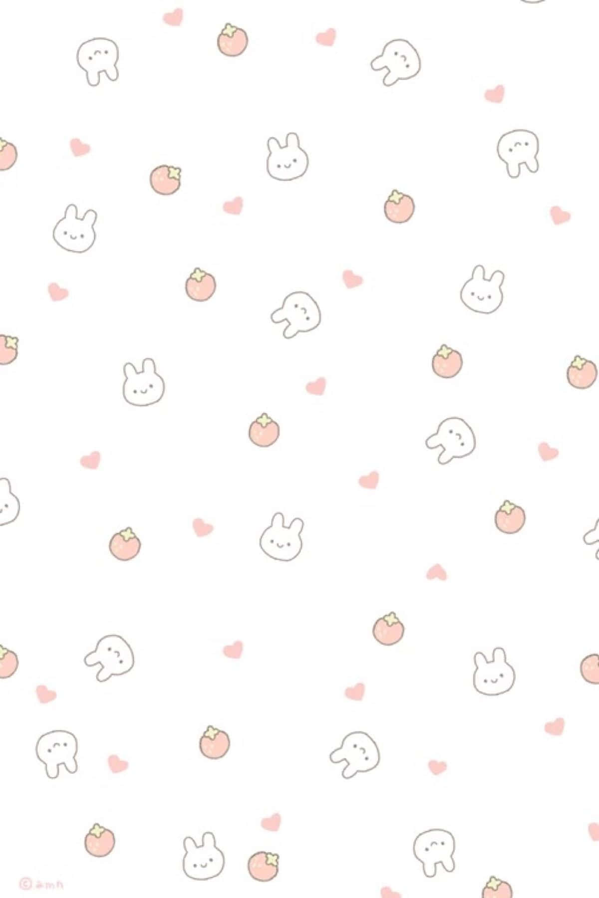 bunnies 桌布 壁紙 — 柔和的白色背景上散落著可愛的極簡兔子臉、桃子片和粉紅心形，形成溫柔的重複圖案。